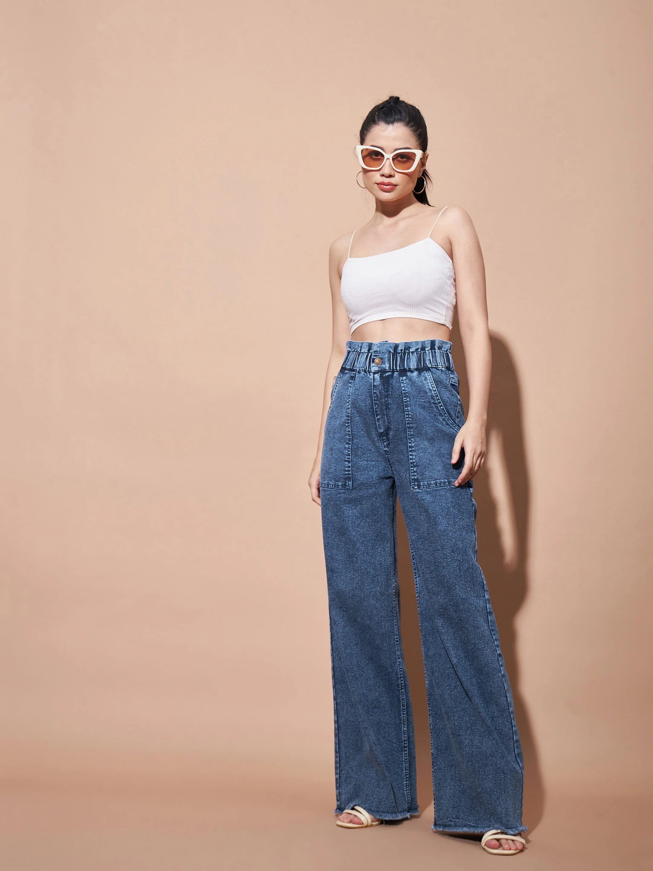 Women Blue Paper Bag Waist Straight Jeans - Image 4