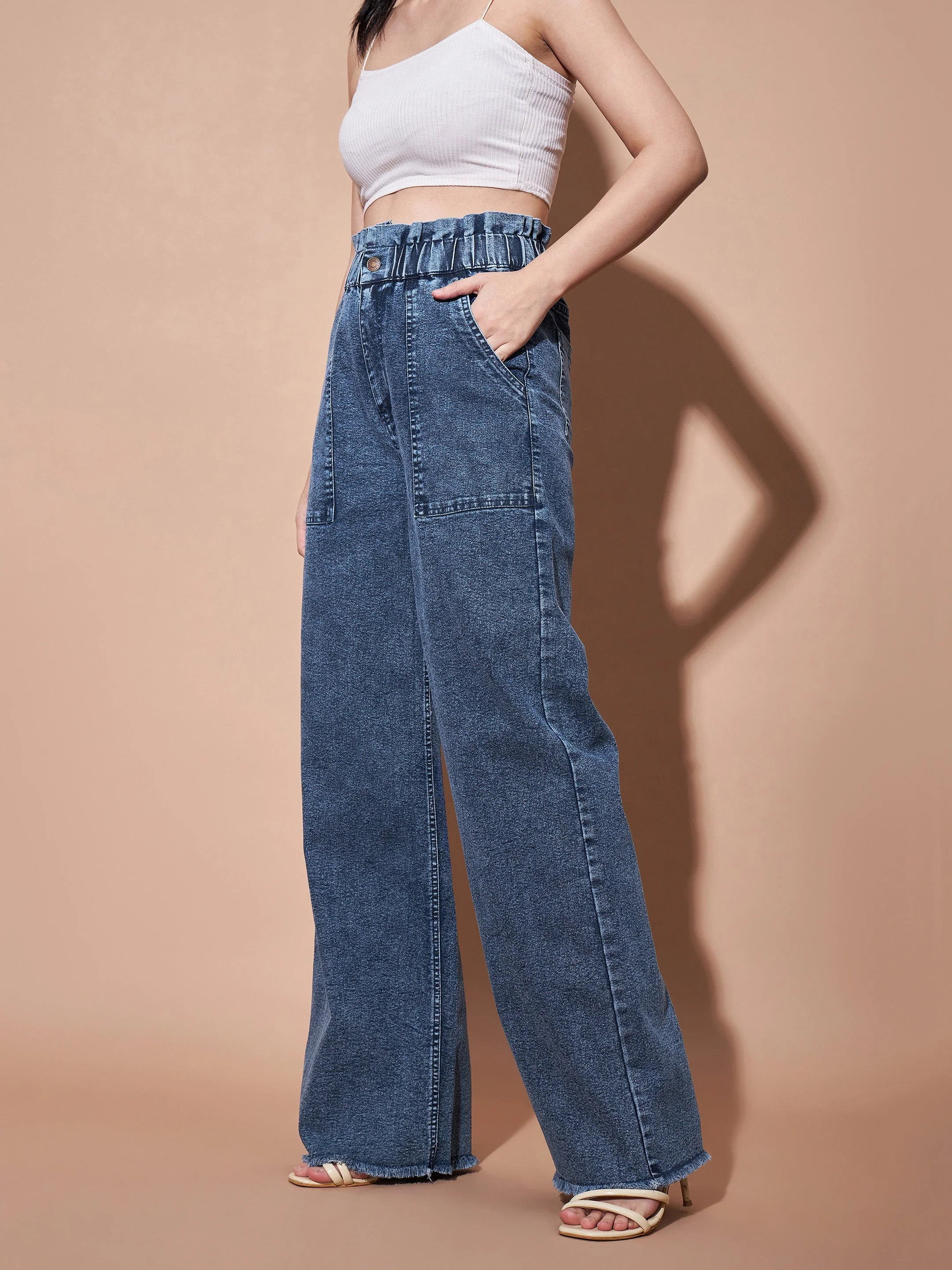 Women Blue Paper Bag Waist Straight Jeans - Image 5