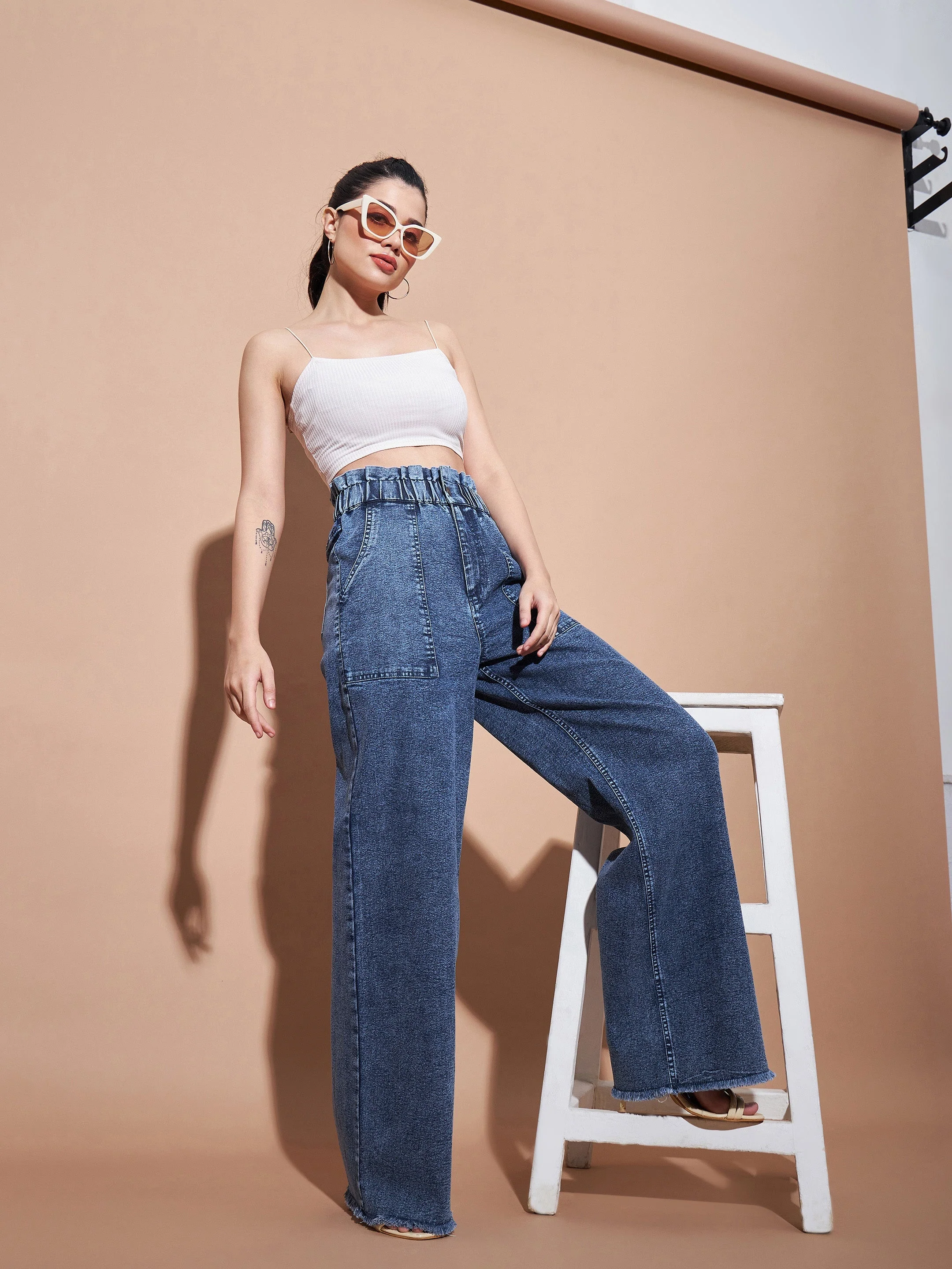 Women Blue Paper Bag Waist Straight Jeans - Image 6