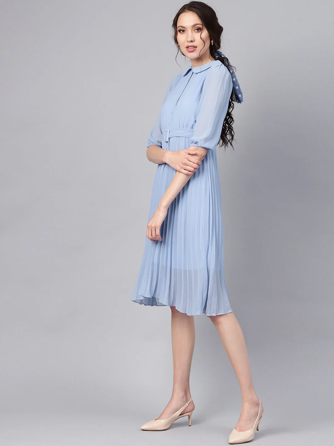 Women Blue Peterpan Pleated Belted Midi Dress - Image 2