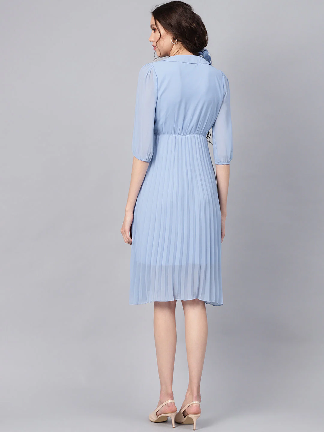 Women Blue Peterpan Pleated Belted Midi Dress - Image 3