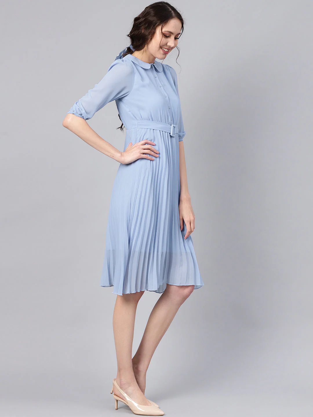 Women Blue Peterpan Pleated Belted Midi Dress - Image 4
