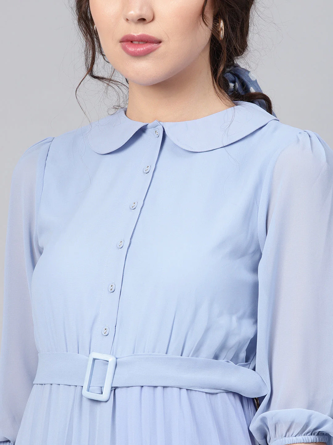 Women Blue Peterpan Pleated Belted Midi Dress - Image 5