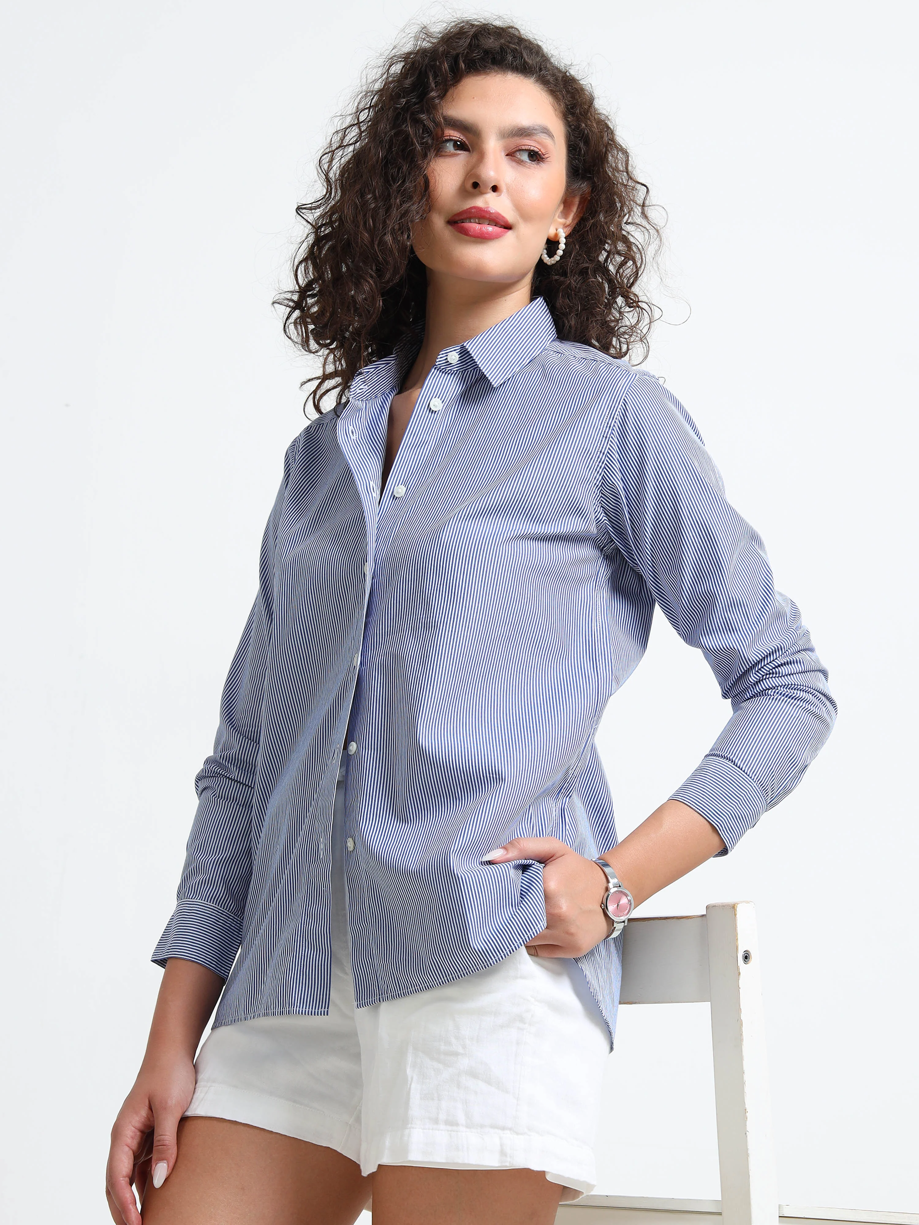 Women Blue Pinstripe Shirt - Image 2