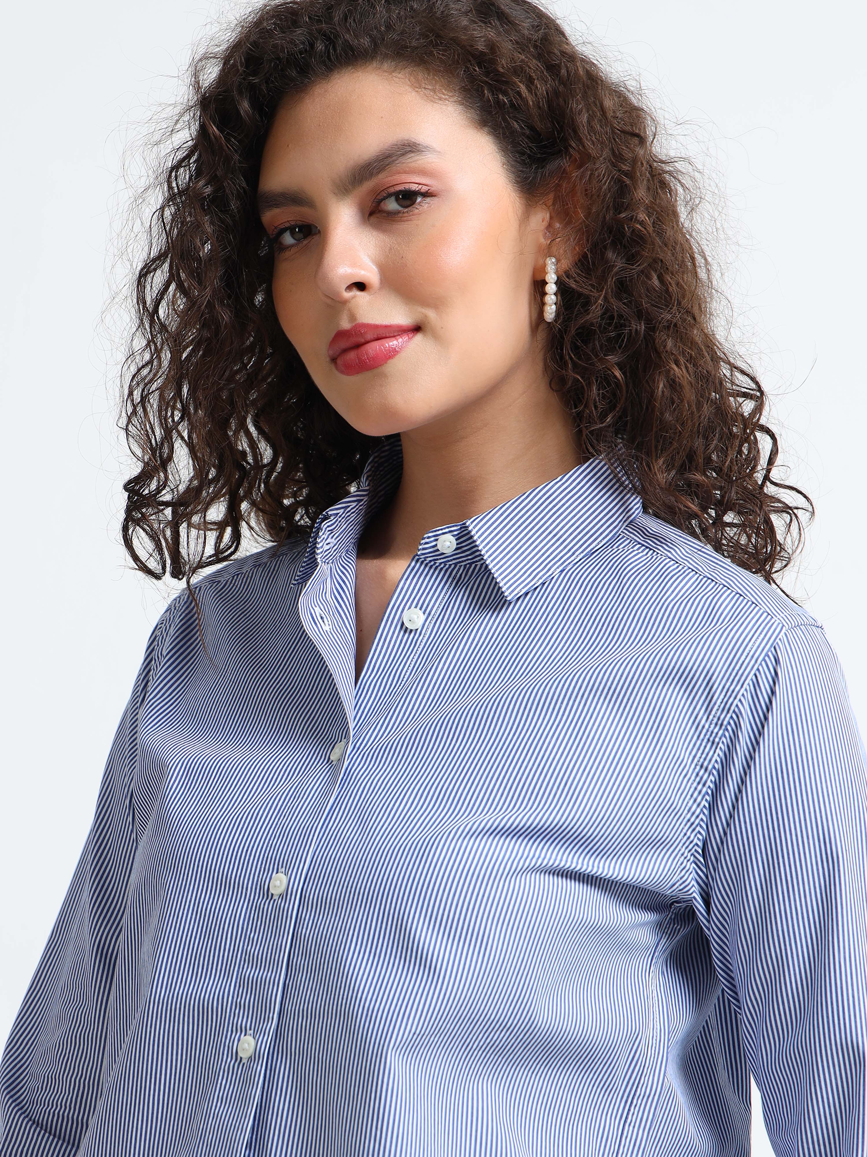 Women Blue Pinstripe Shirt - Image 3