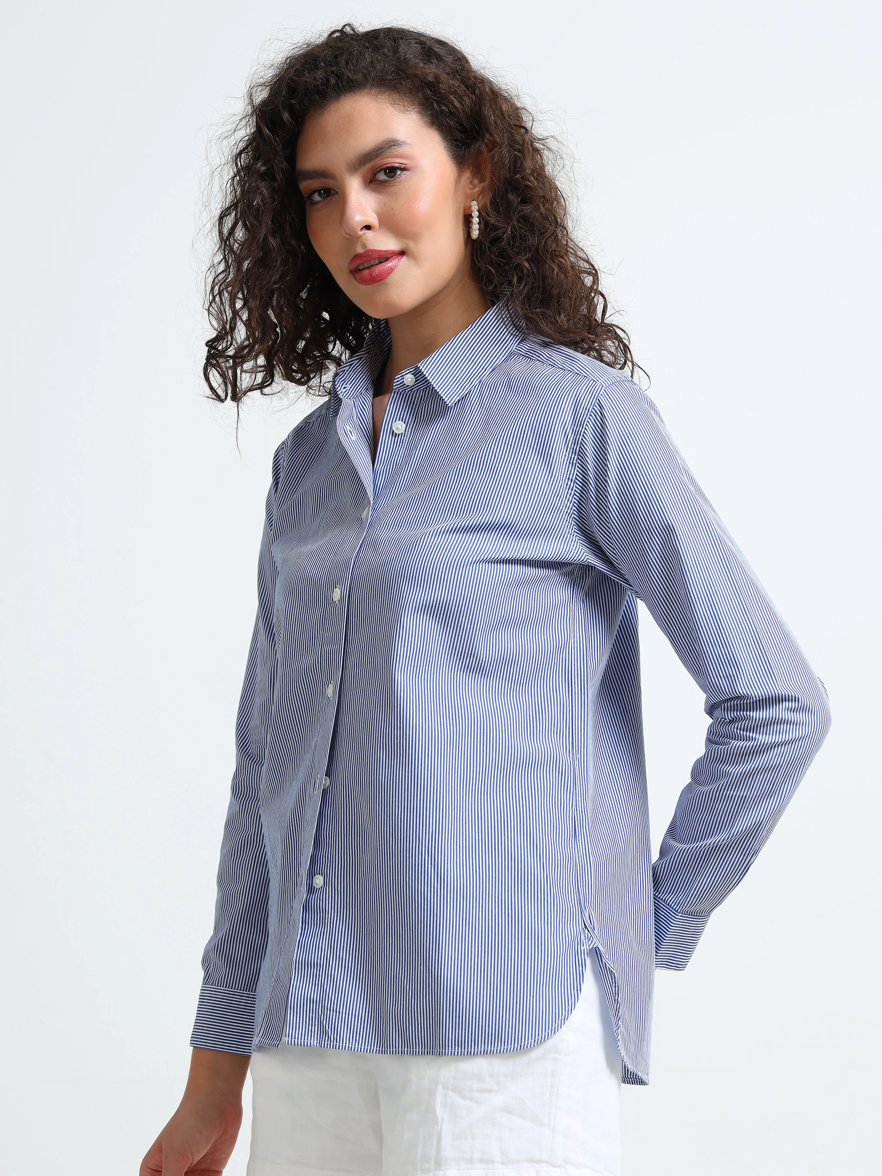 Women Blue Pinstripe Shirt - Image 5