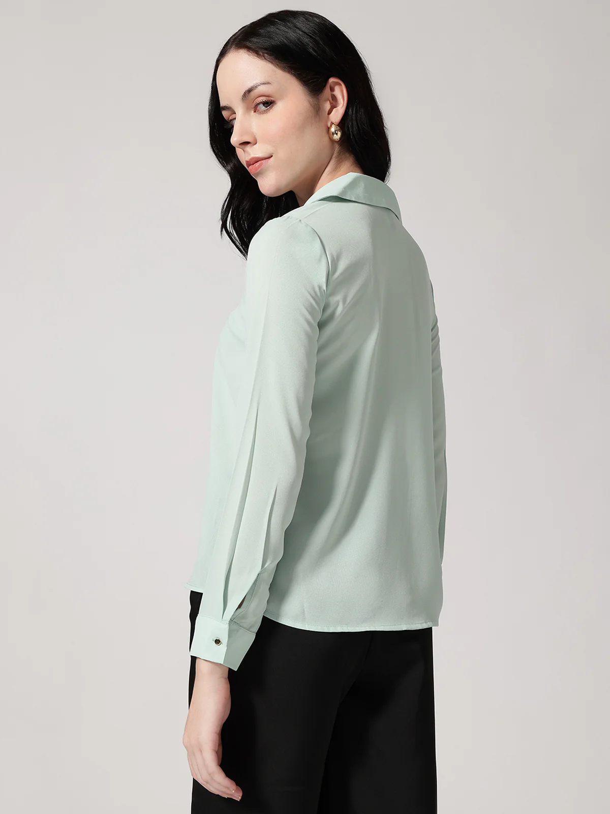 Women Green Polyester Cuban Collar Top - Image 2