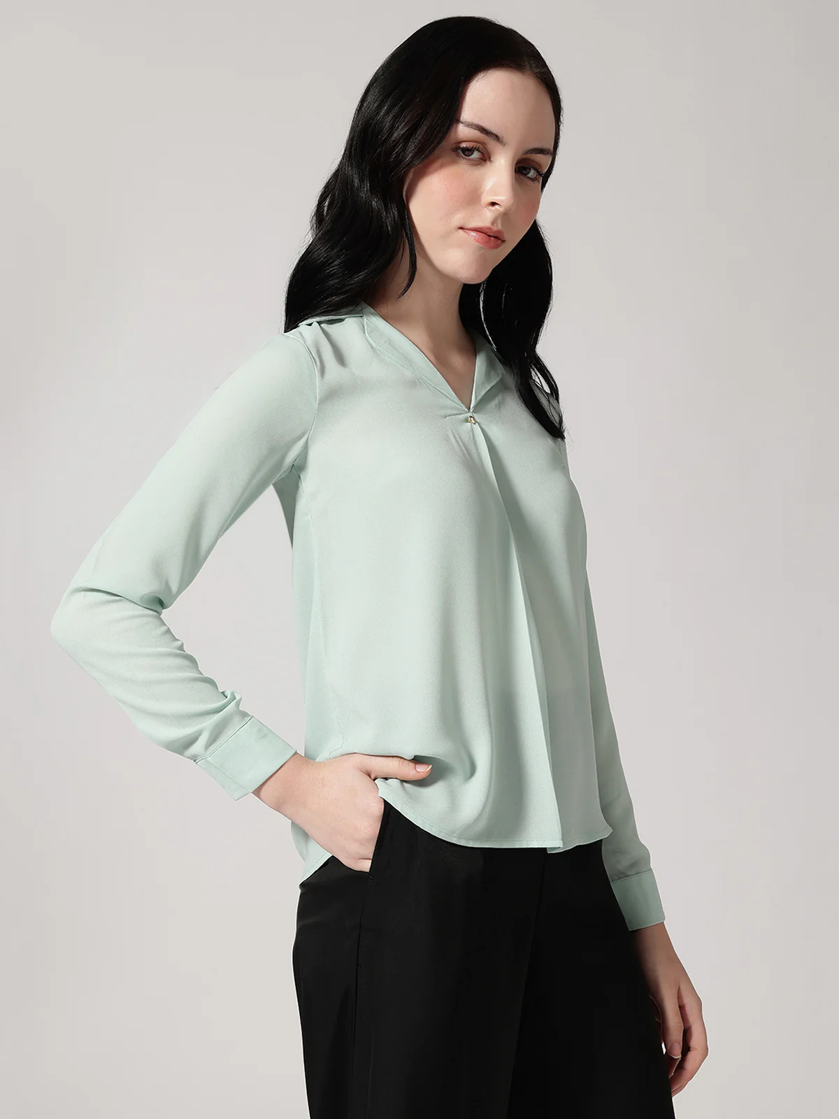 Women Green Polyester Cuban Collar Top - Image 3