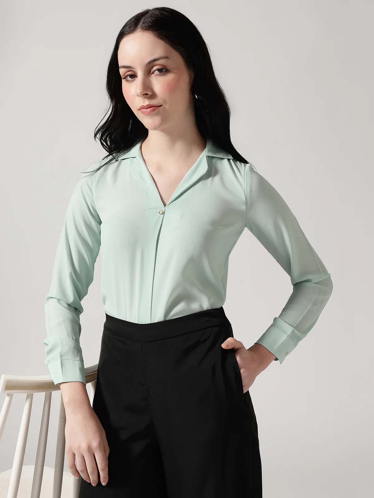 Women Green Polyester Cuban Collar Top - Image 5