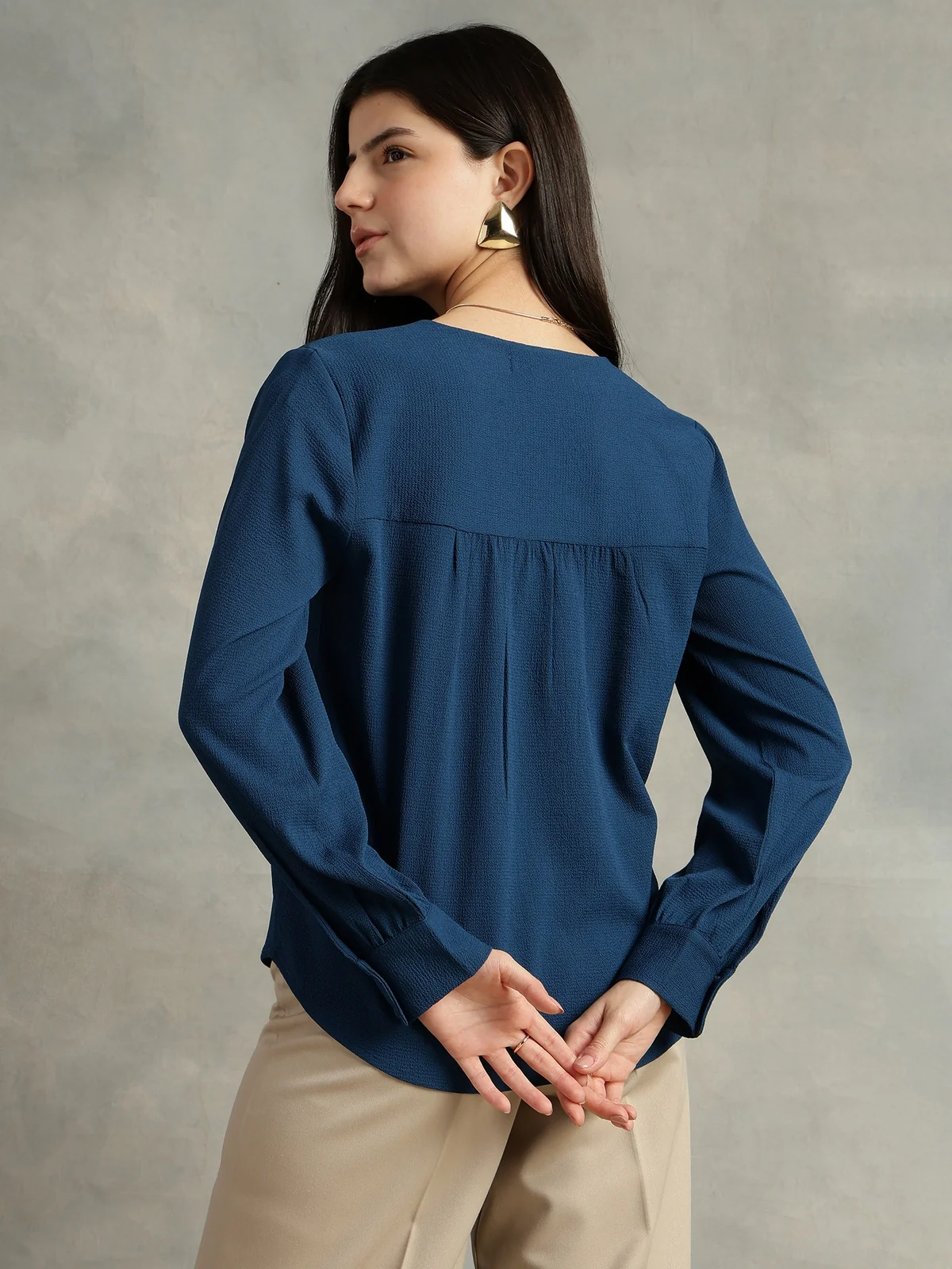 Women Blue Polyester V-Neck Top - Image 2