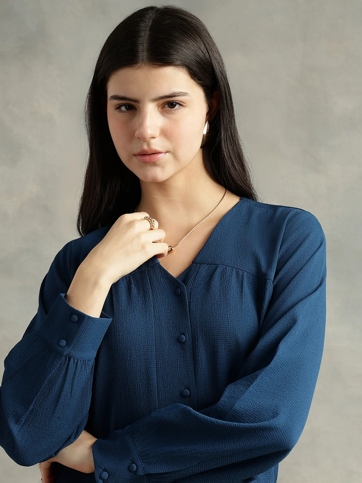 Women Blue Polyester V-Neck Top - Image 3