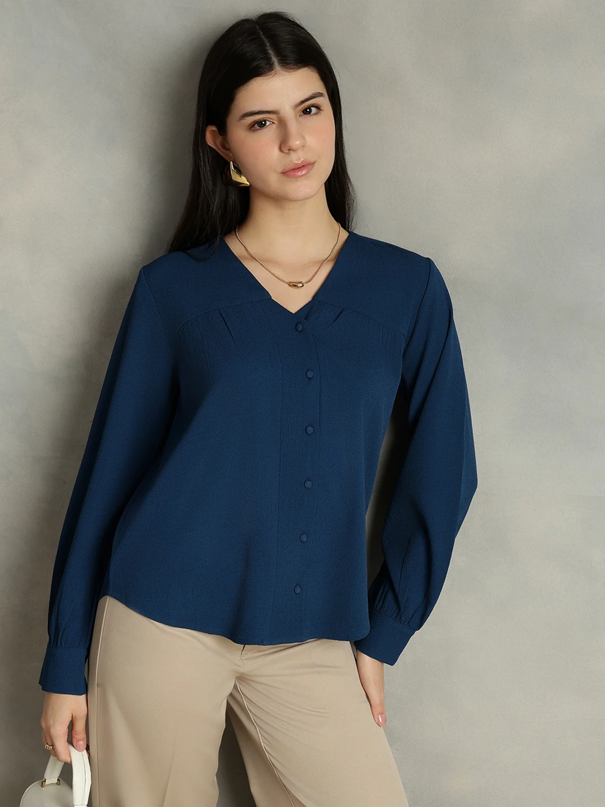 Women Blue Polyester V-Neck Top - Image 4