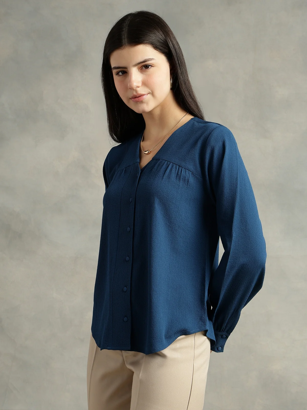 Women Blue Polyester V-Neck Top - Image 5