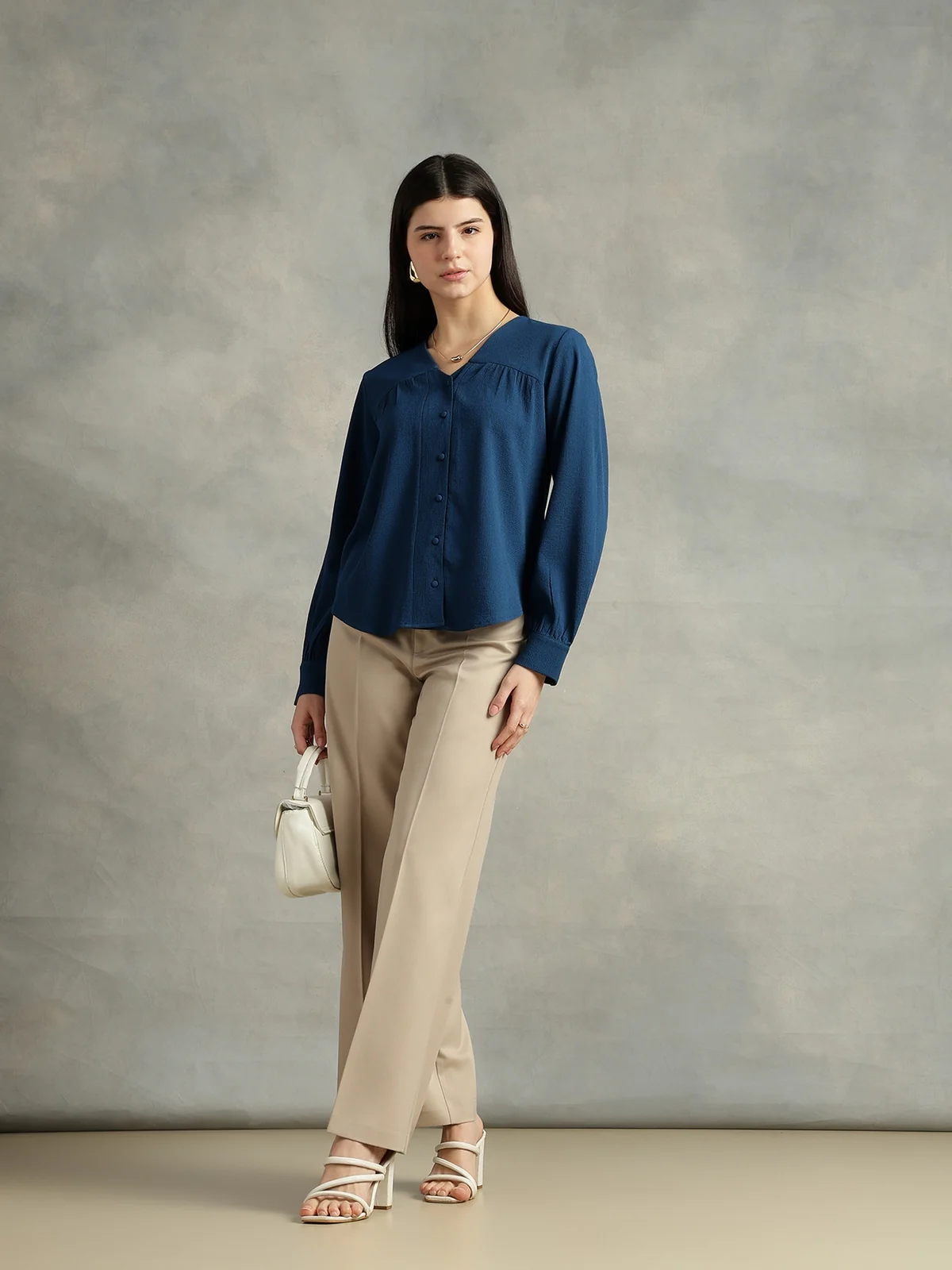 Women Blue Polyester V-Neck Top - Image 6