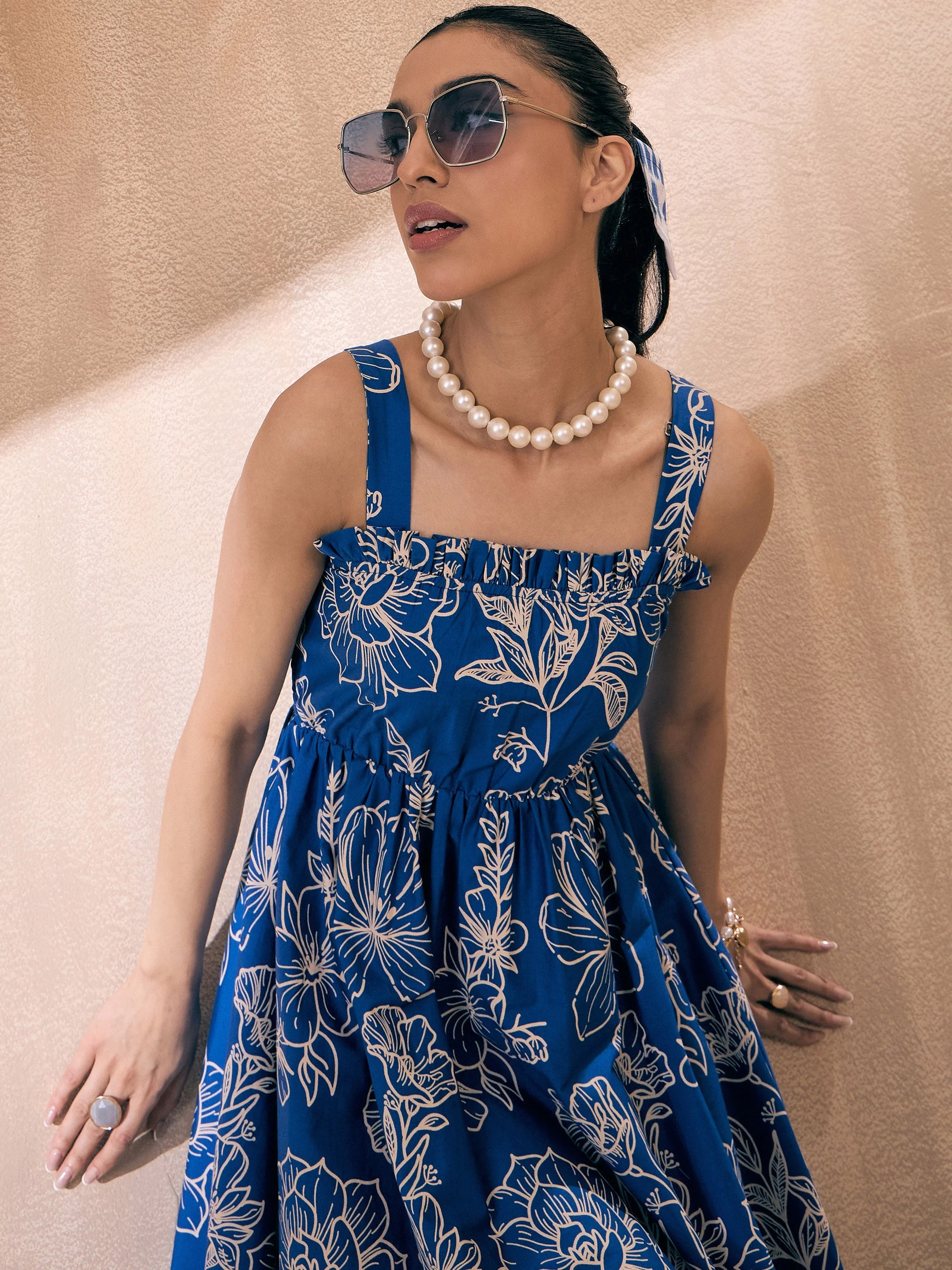 Women Blue Poplin Floral Ruffle Neck Smocked Skater Dress - Image 3