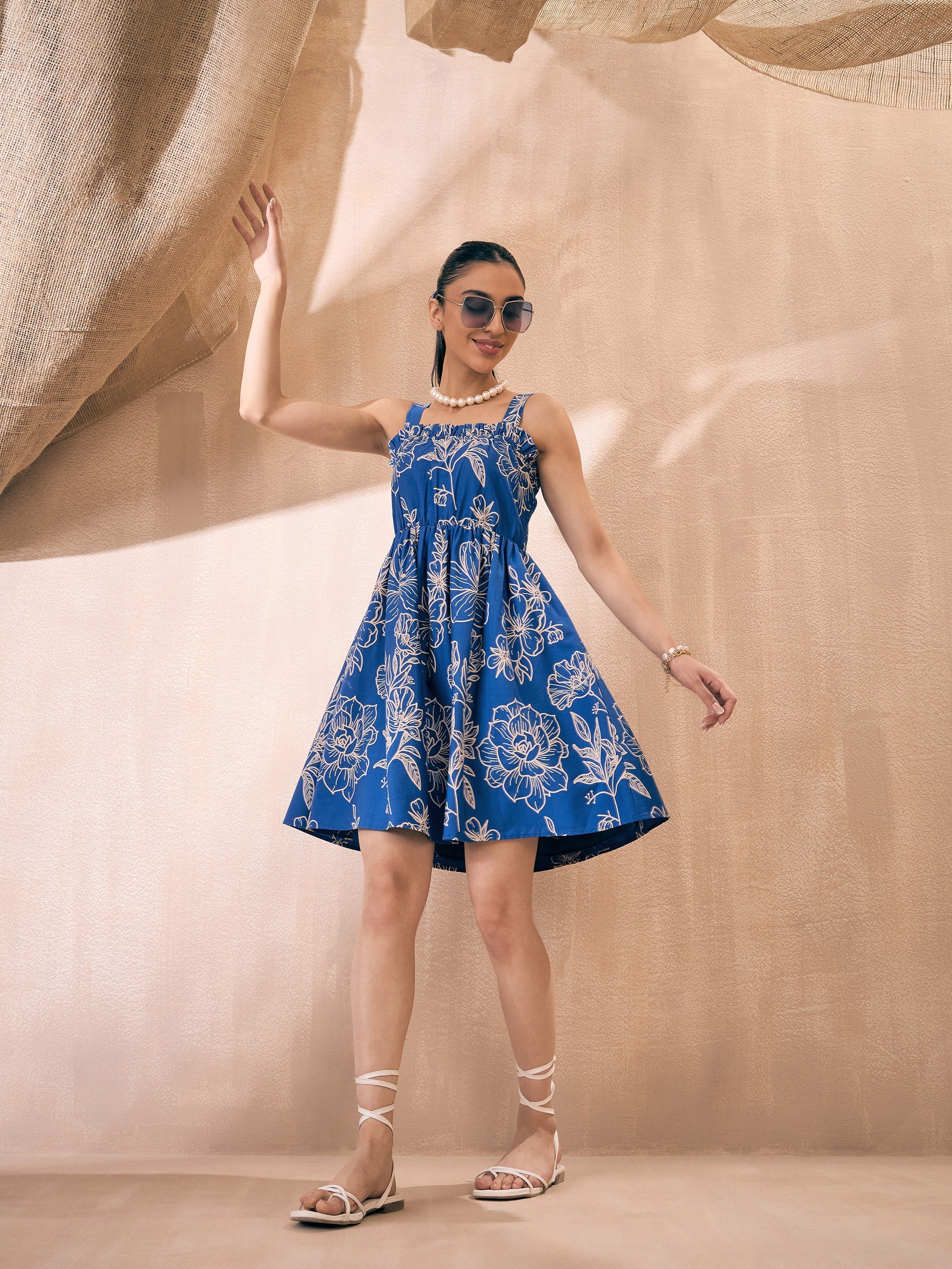 Women Blue Poplin Floral Ruffle Neck Smocked Skater Dress - Image 4