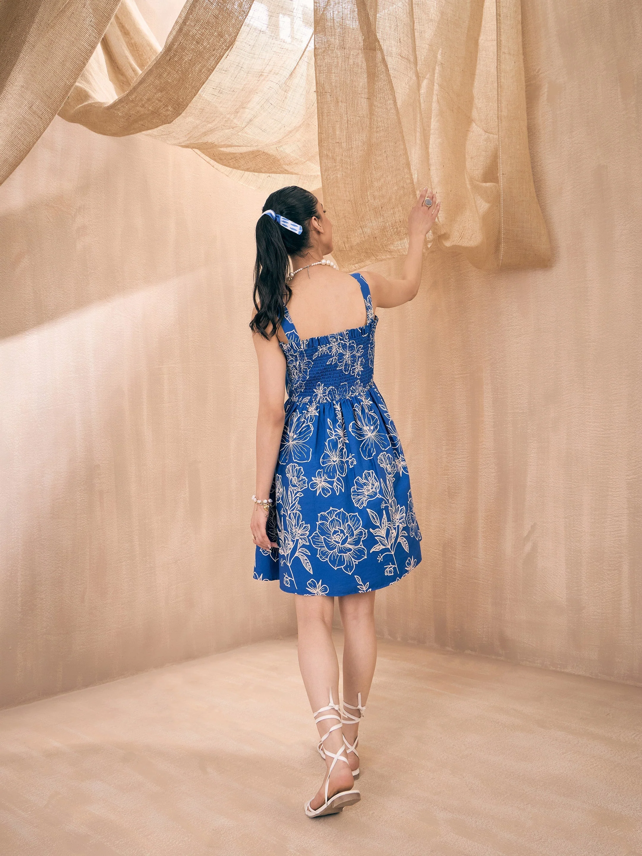Women Blue Poplin Floral Ruffle Neck Smocked Skater Dress - Image 5