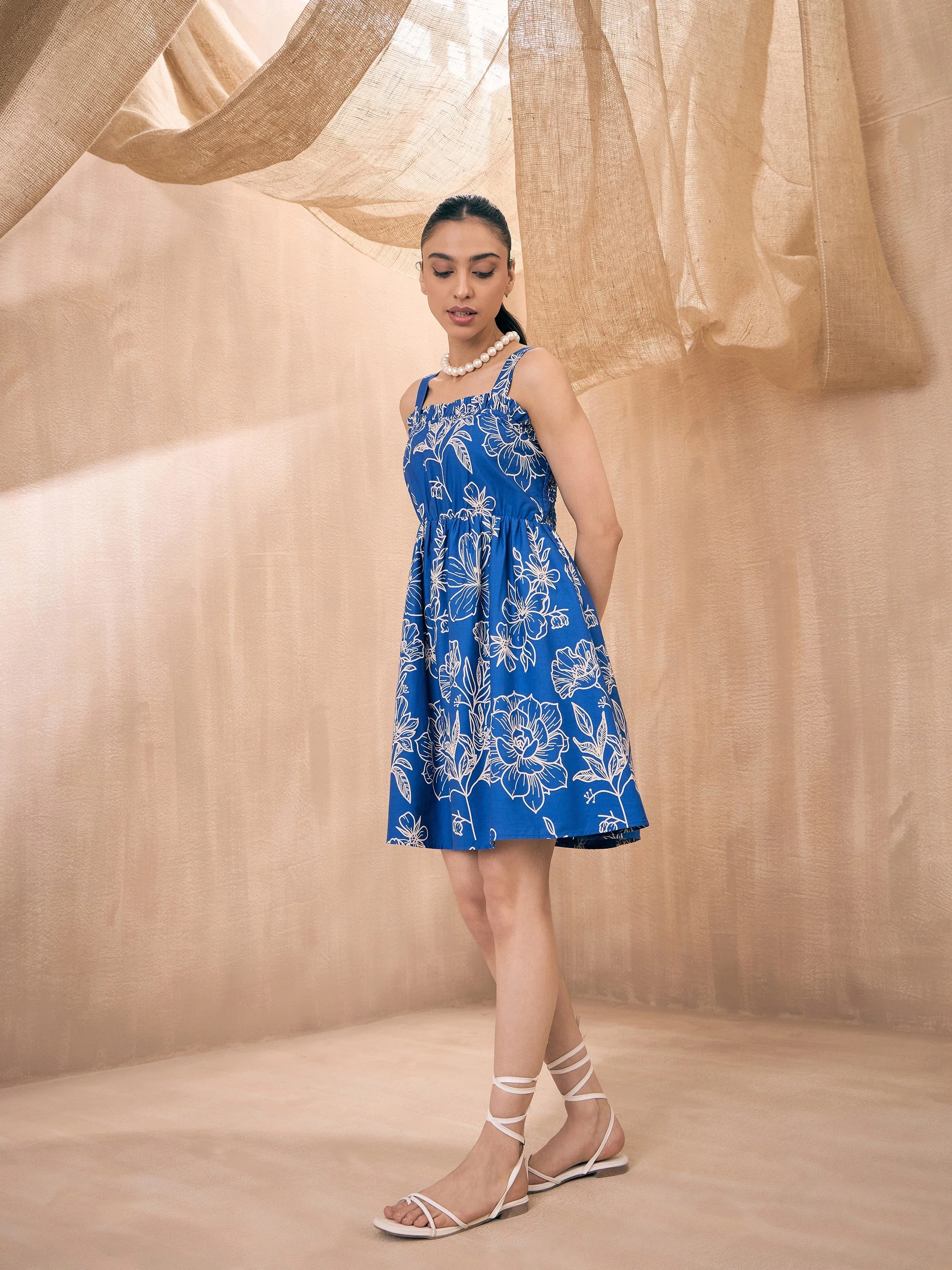 Women Blue Poplin Floral Ruffle Neck Smocked Skater Dress - Image 6