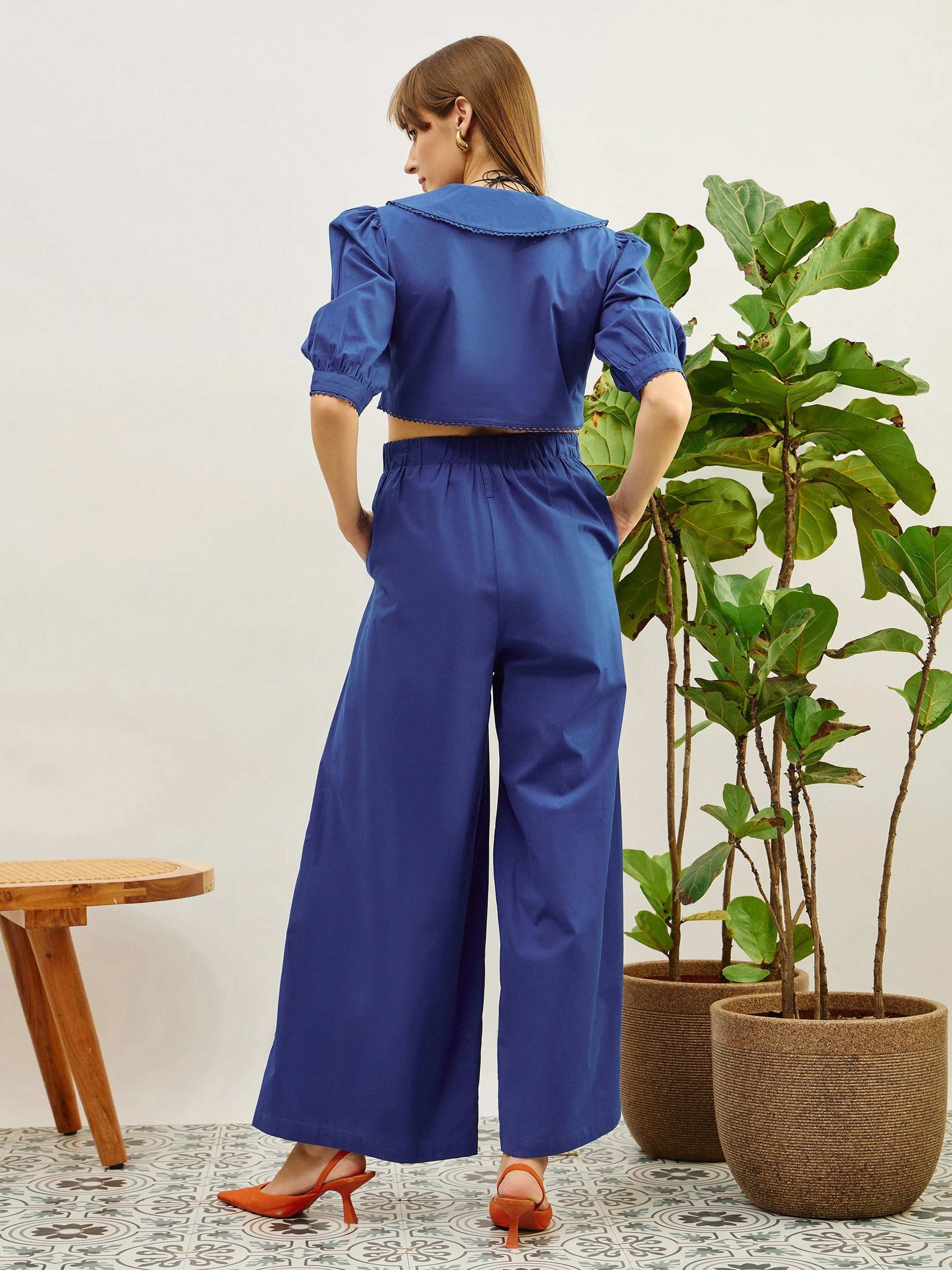 Women Blue Poplin Peterpan Collar Top With Flared Pants - Image 2