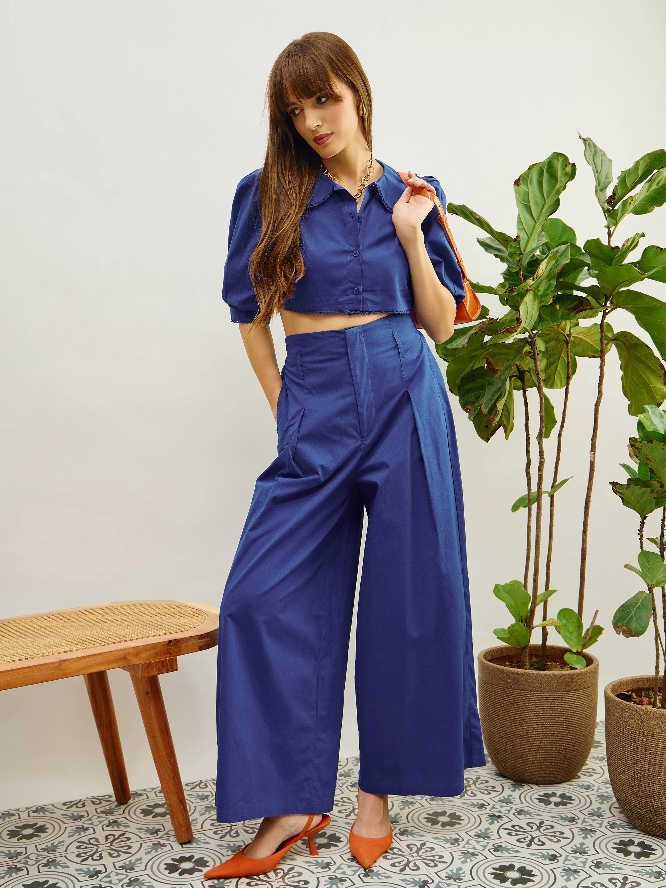 Women Blue Poplin Peterpan Collar Top With Flared Pants - Image 5
