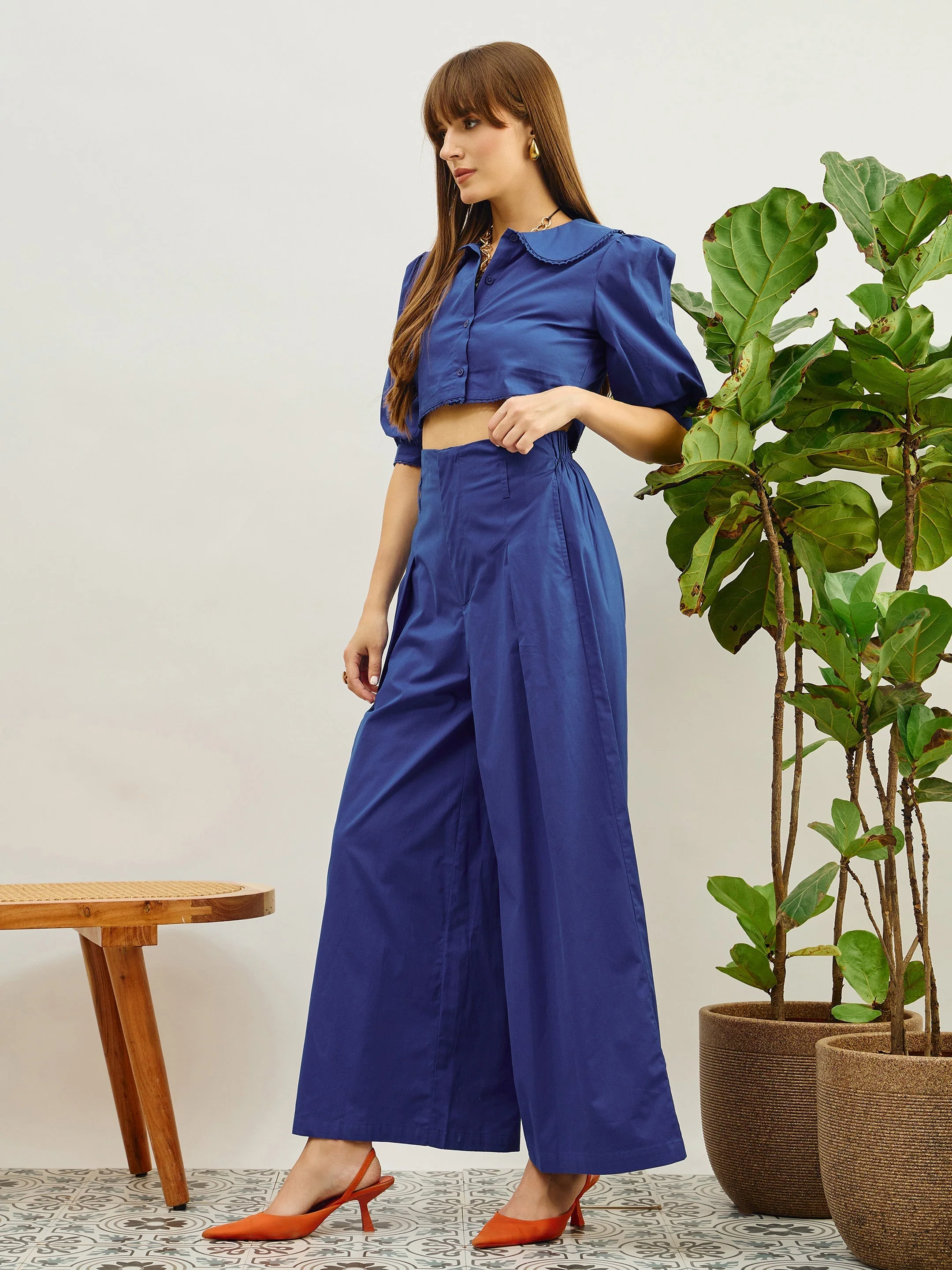 Women Blue Poplin Peterpan Collar Top With Flared Pants - Image 6