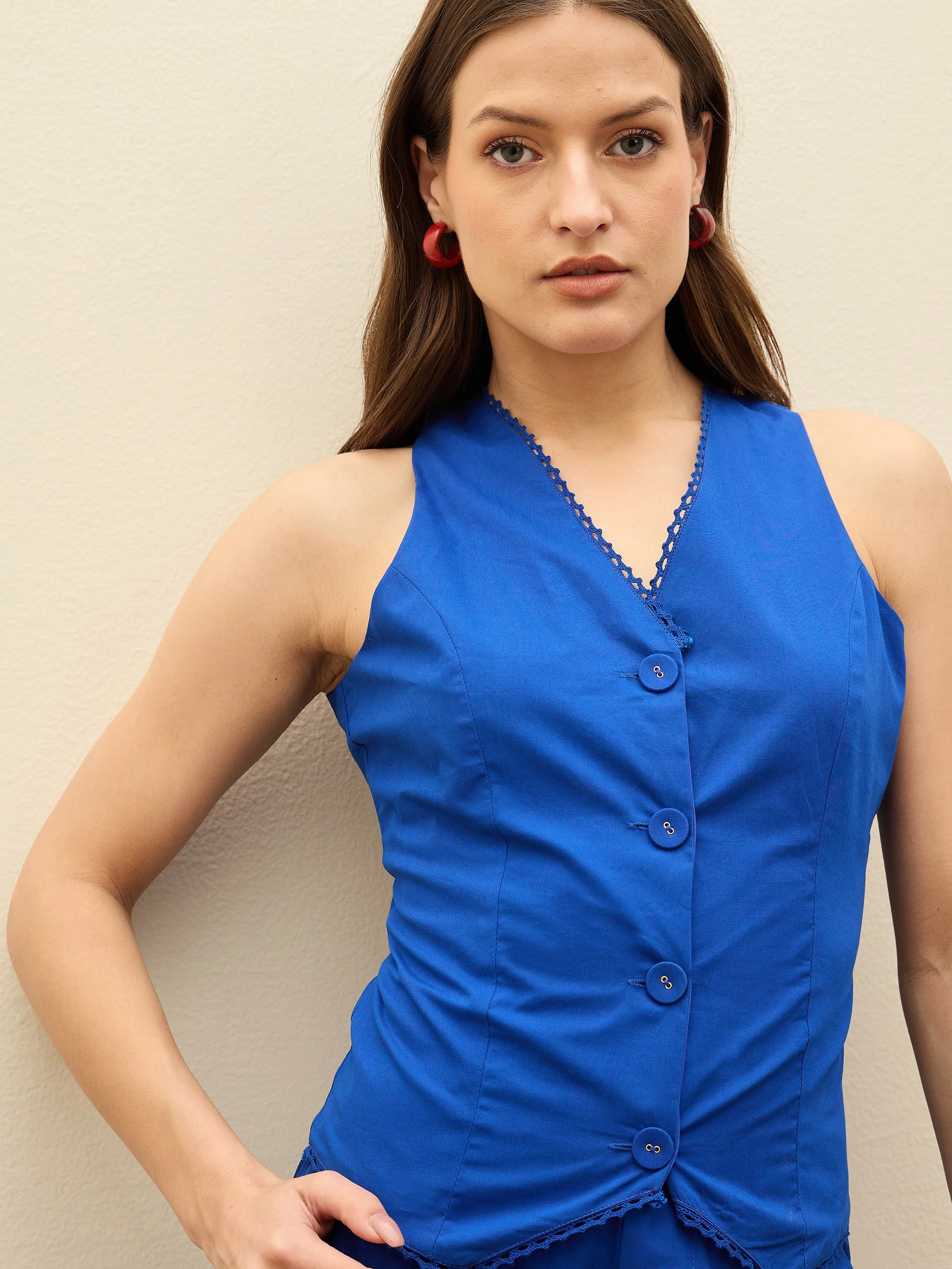 Women Blue Poplin Vest Top With Shorts - Image 4