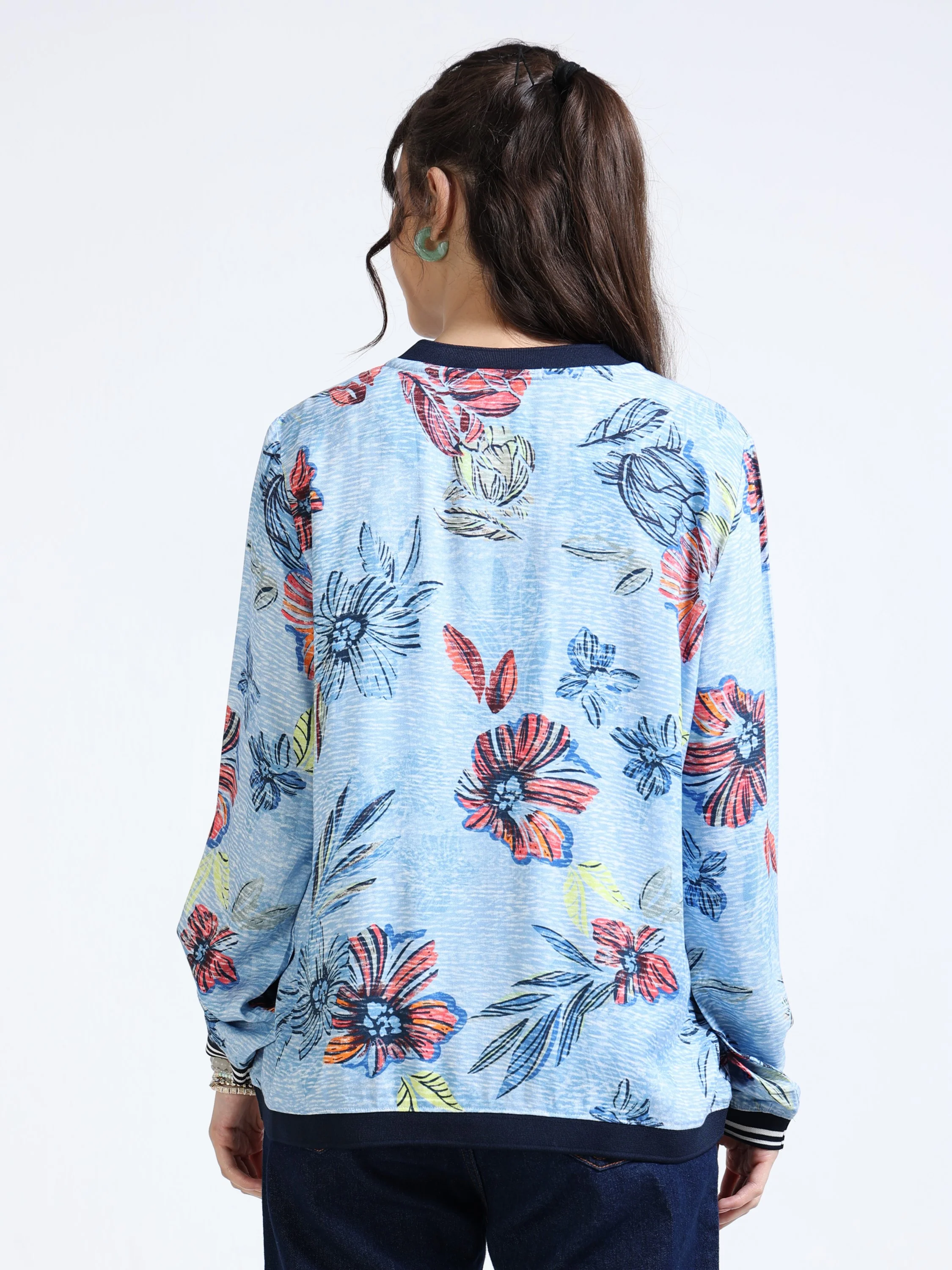 Women Blue Printed Relaxed Jacket - Image 5