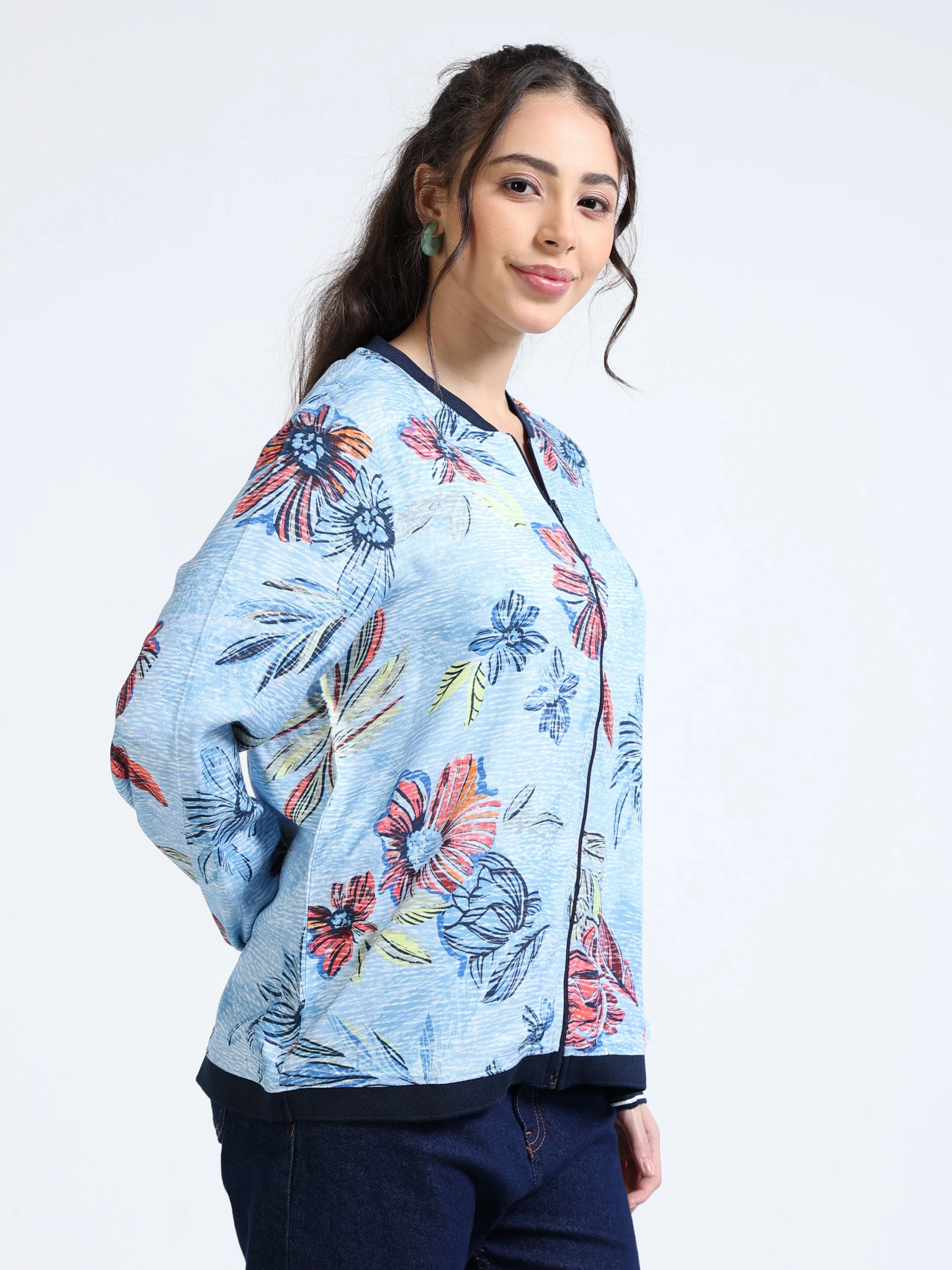 Women Blue Printed Relaxed Jacket - Image 6