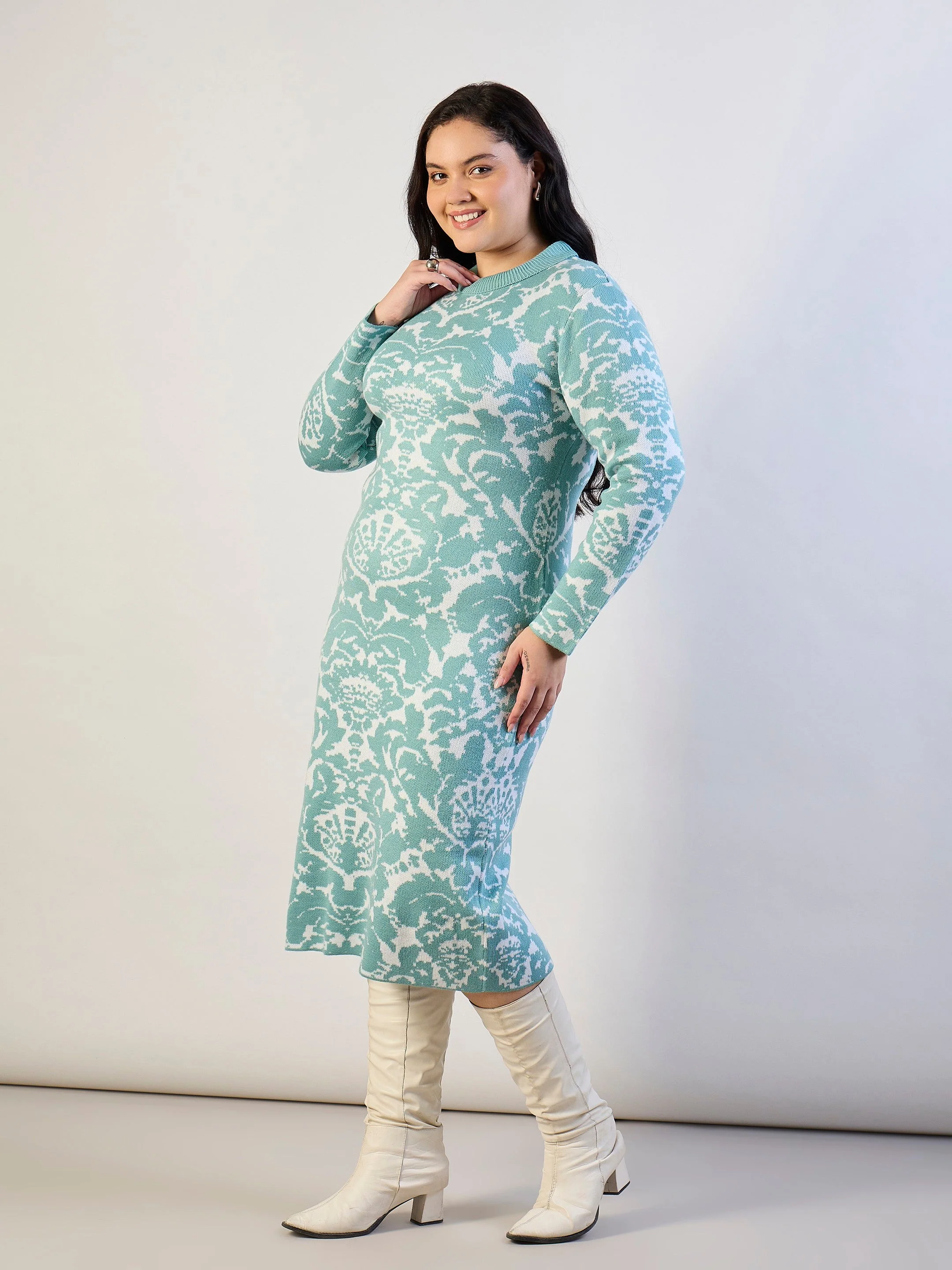 Women Blue Printeded Acrylic Wool High Neck Midi Dress - Image 2