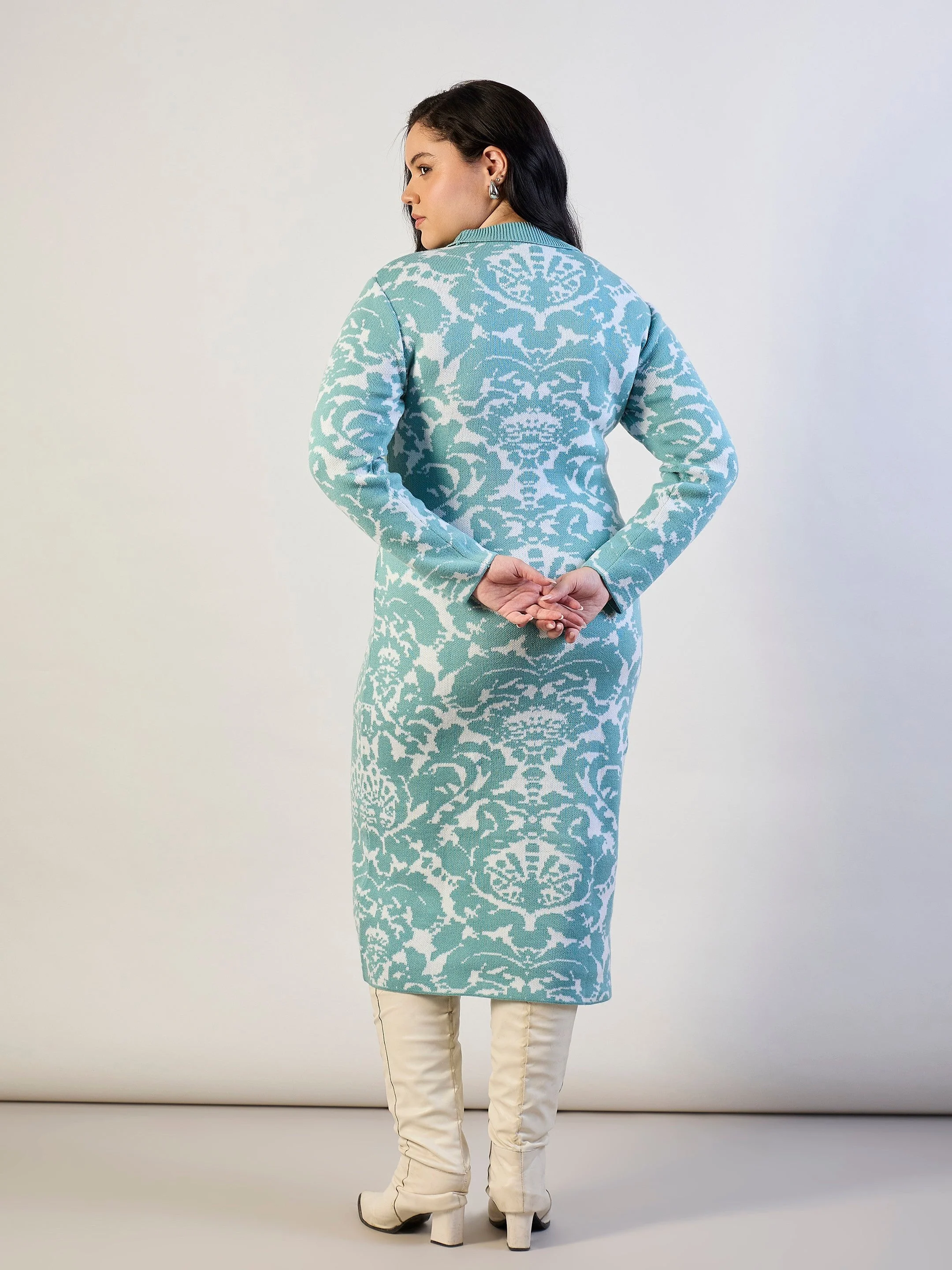 Women Blue Printeded Acrylic Wool High Neck Midi Dress - Image 4