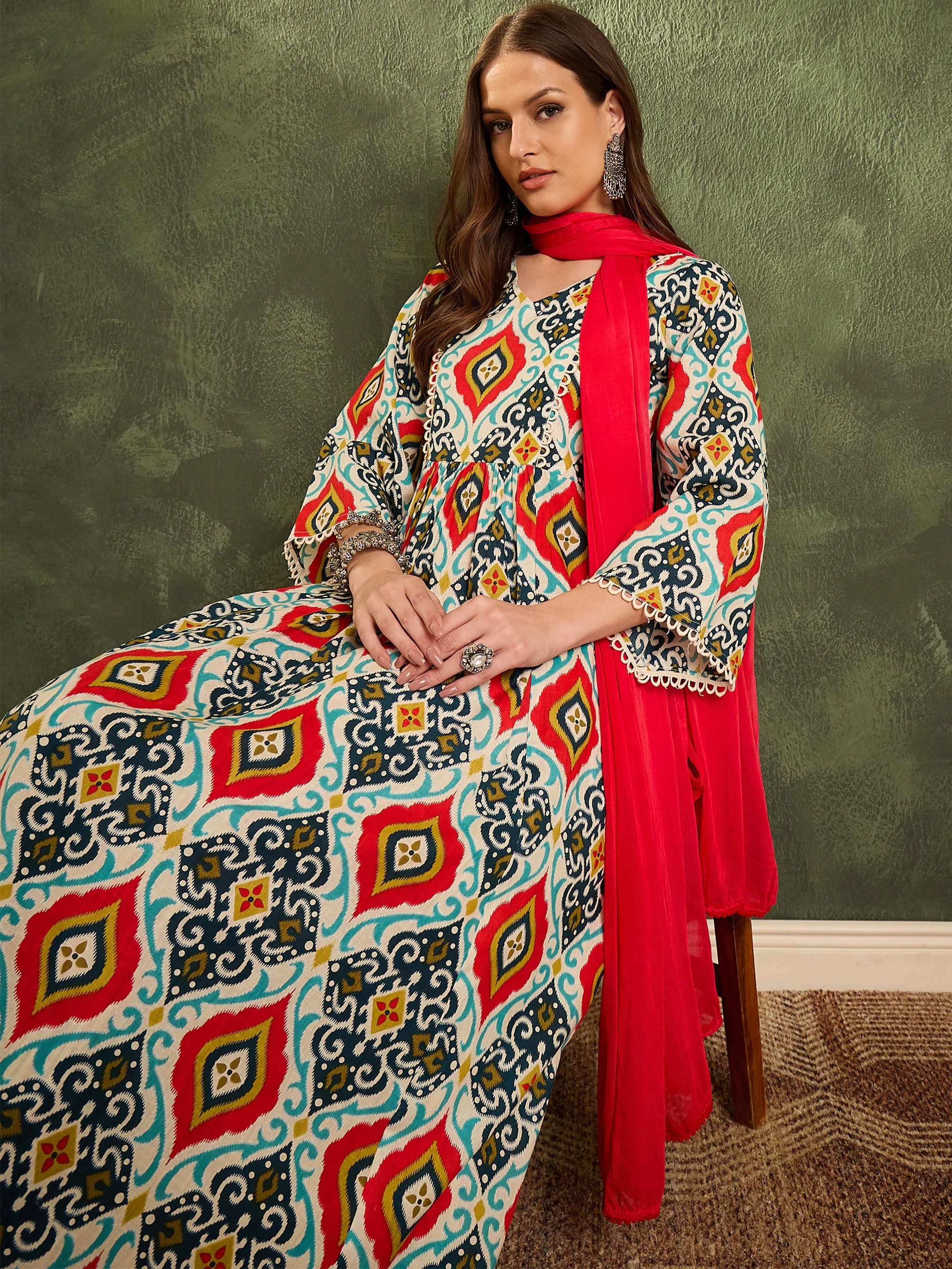 Women Blue & Red Ikat Print Gathered Kurta Set with Dupatta - Image 2