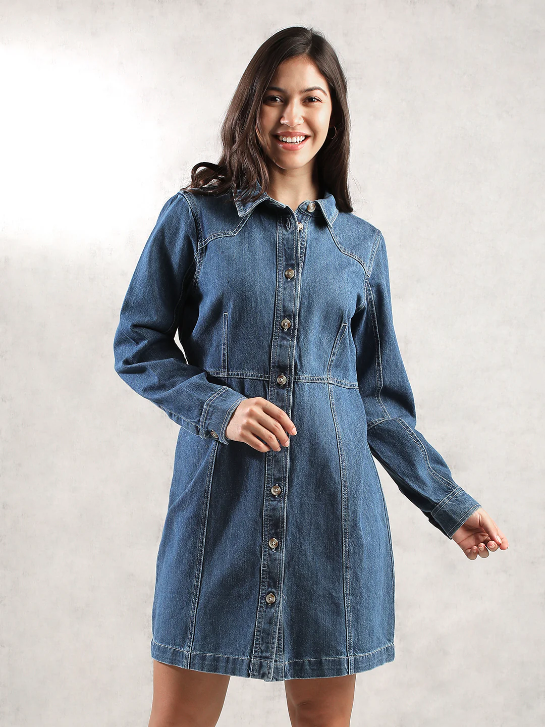 Women Full Sleeve Denim Shirt Dress - Image 2