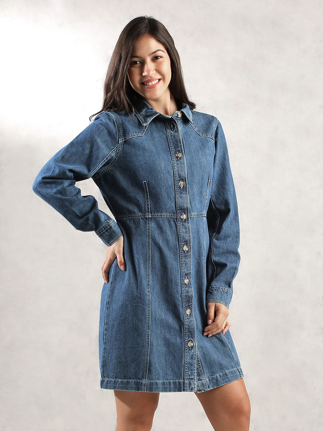 Women Full Sleeve Denim Shirt Dress - Image 3