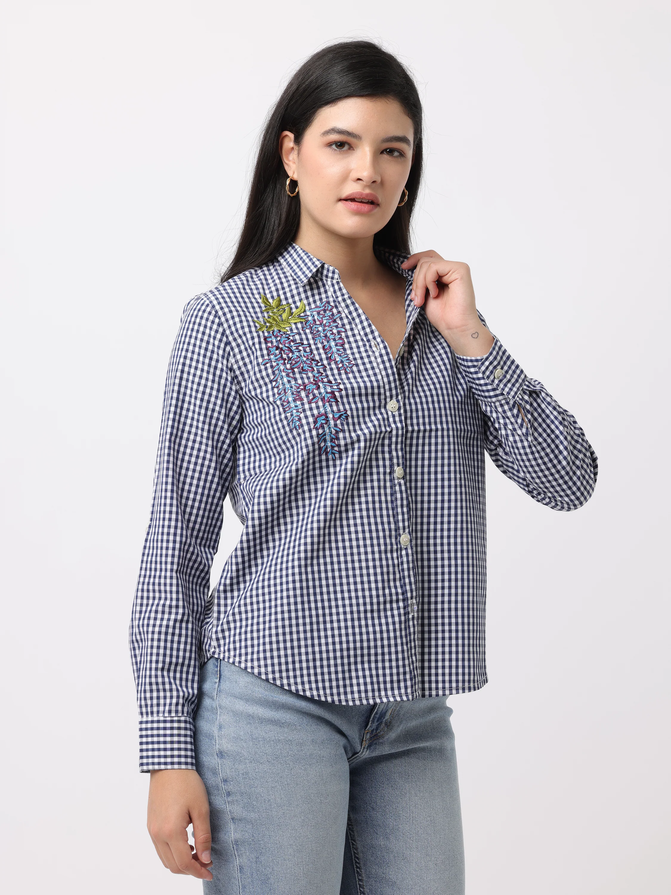 Women Blue Regular Fit Checked Shirt - Image 2