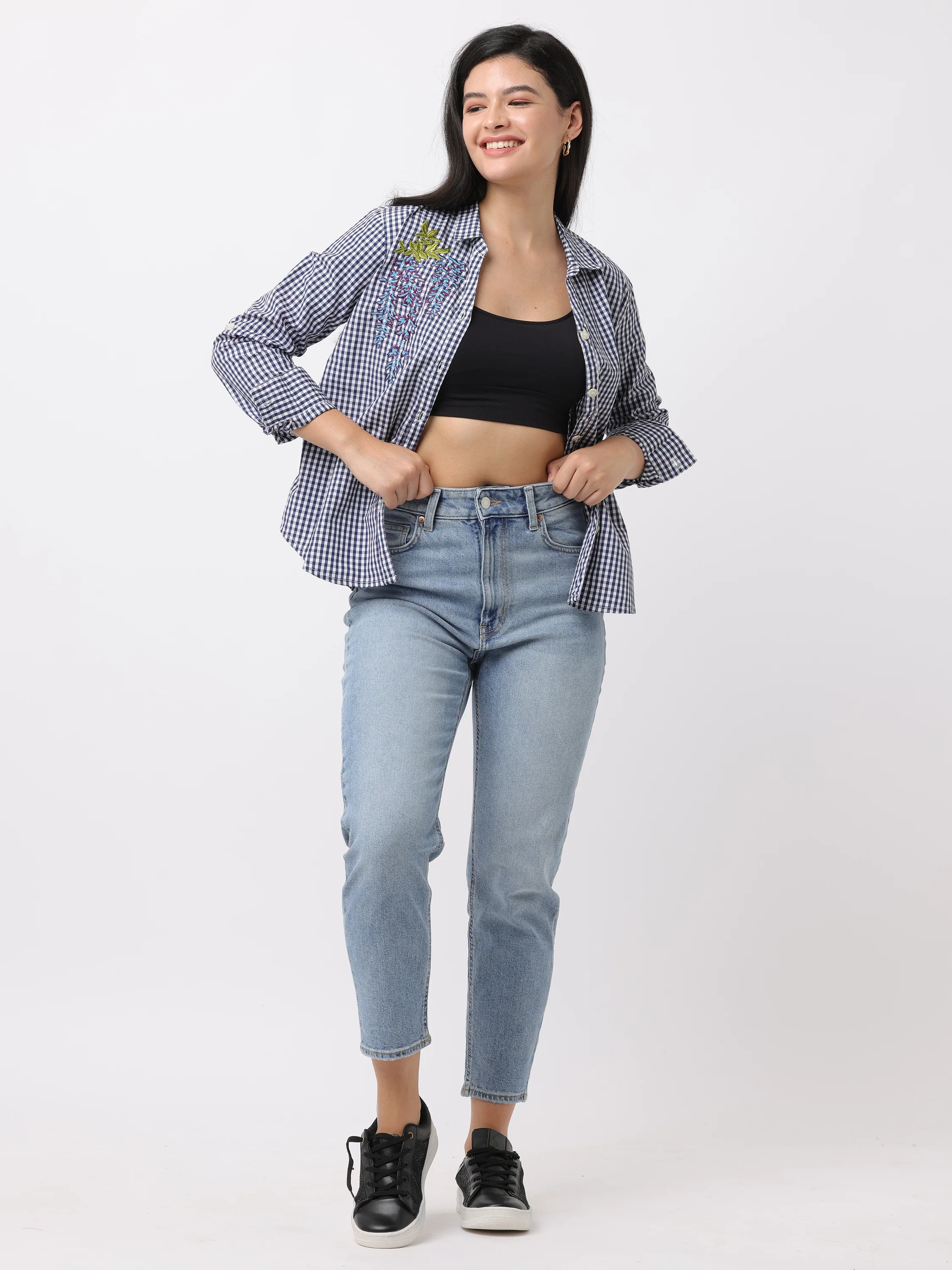 Women Blue Regular Fit Checked Shirt - Image 3