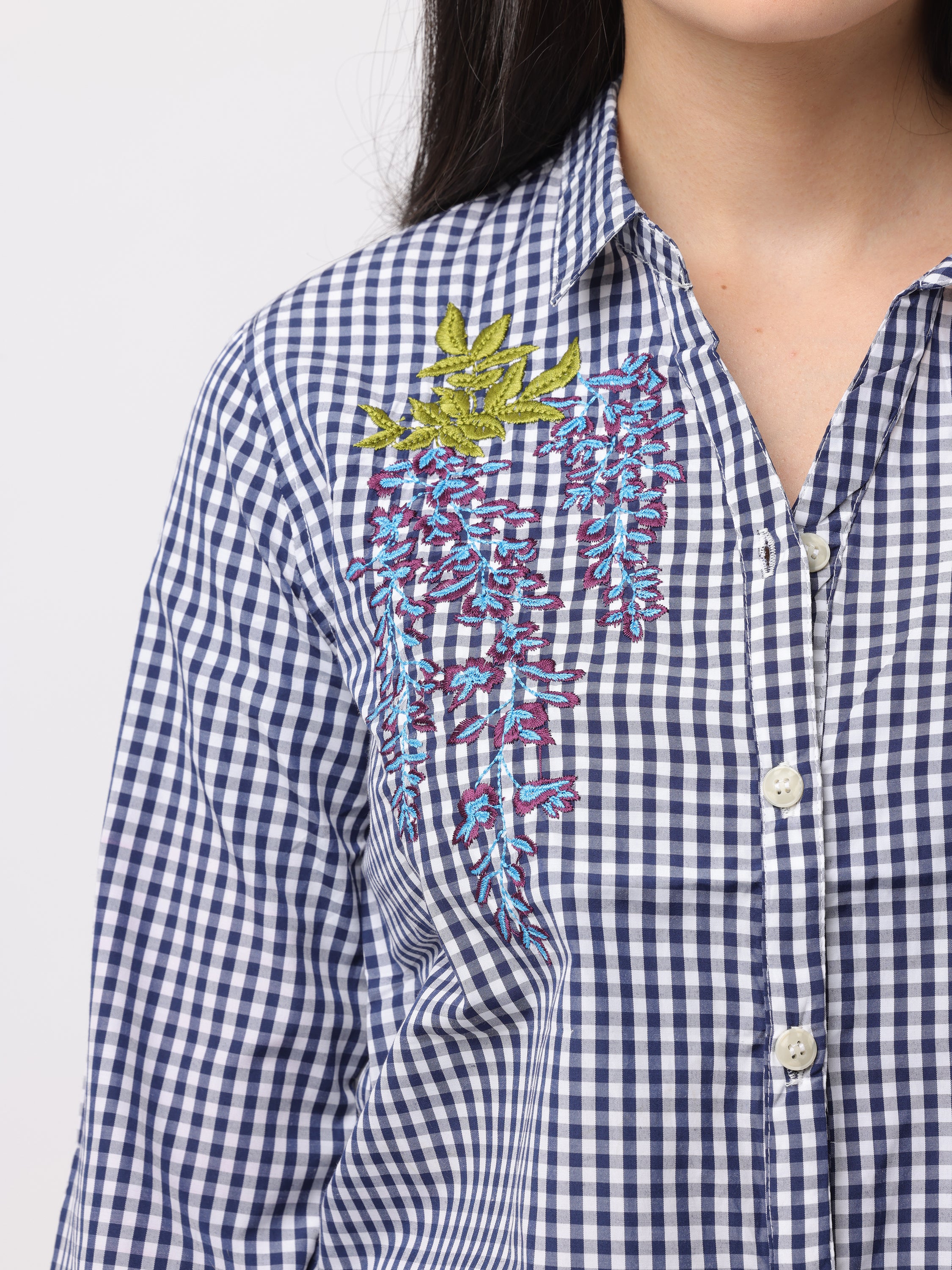 Women Blue Regular Fit Checked Shirt - Image 4