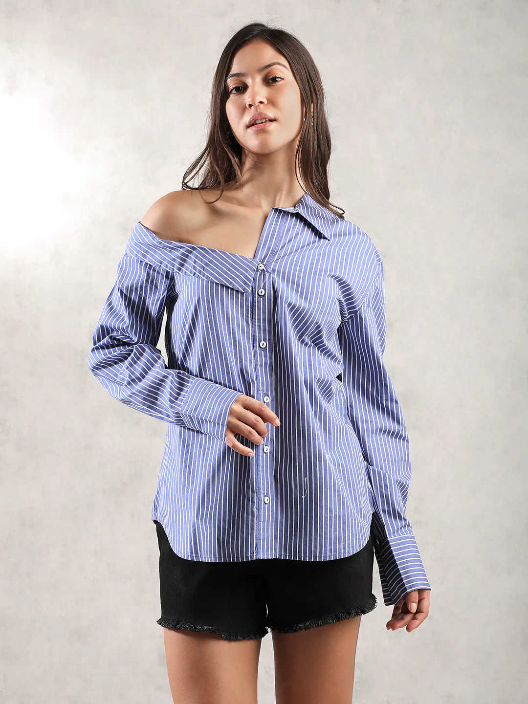 Women Blue Asymmetric Collar Shirt - Image 2
