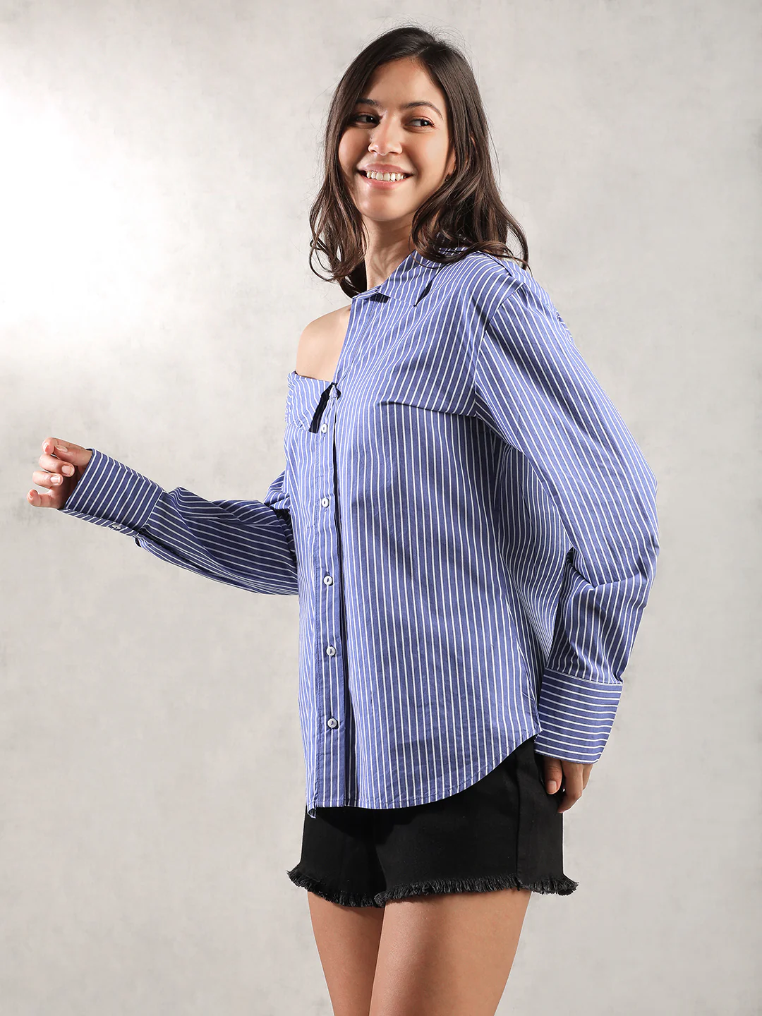 Women Blue Asymmetric Collar Shirt - Image 5