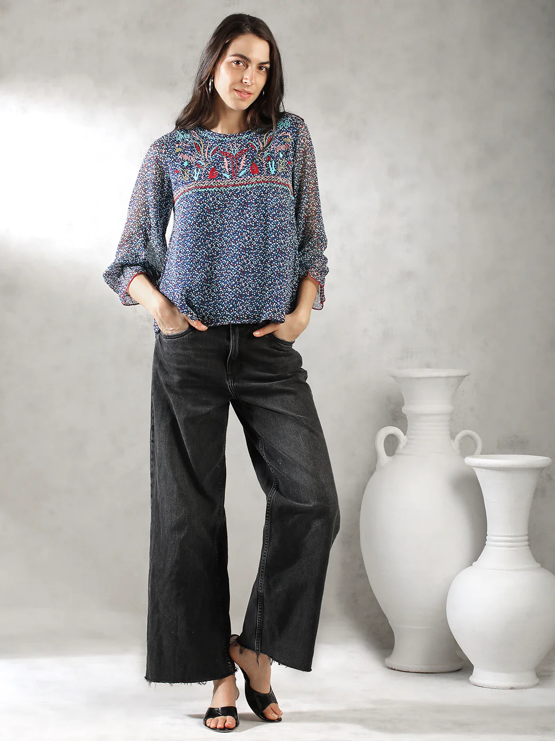 Women Blue Floral Print Top - Image 2