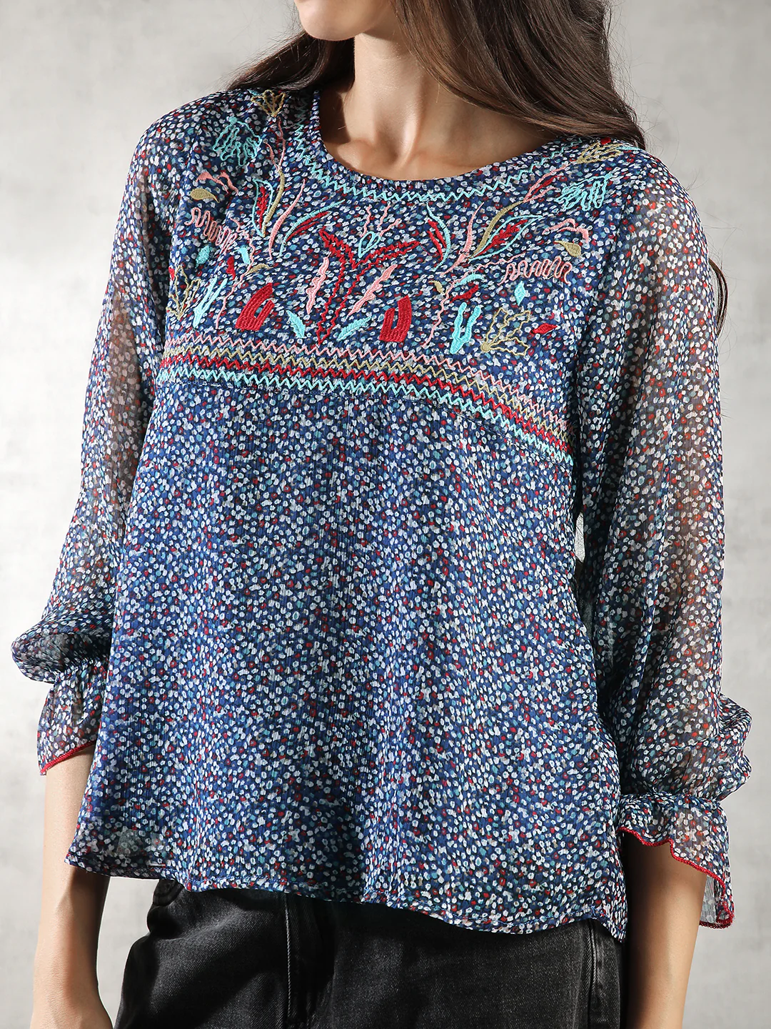 Women Blue Floral Print Top - Image 4