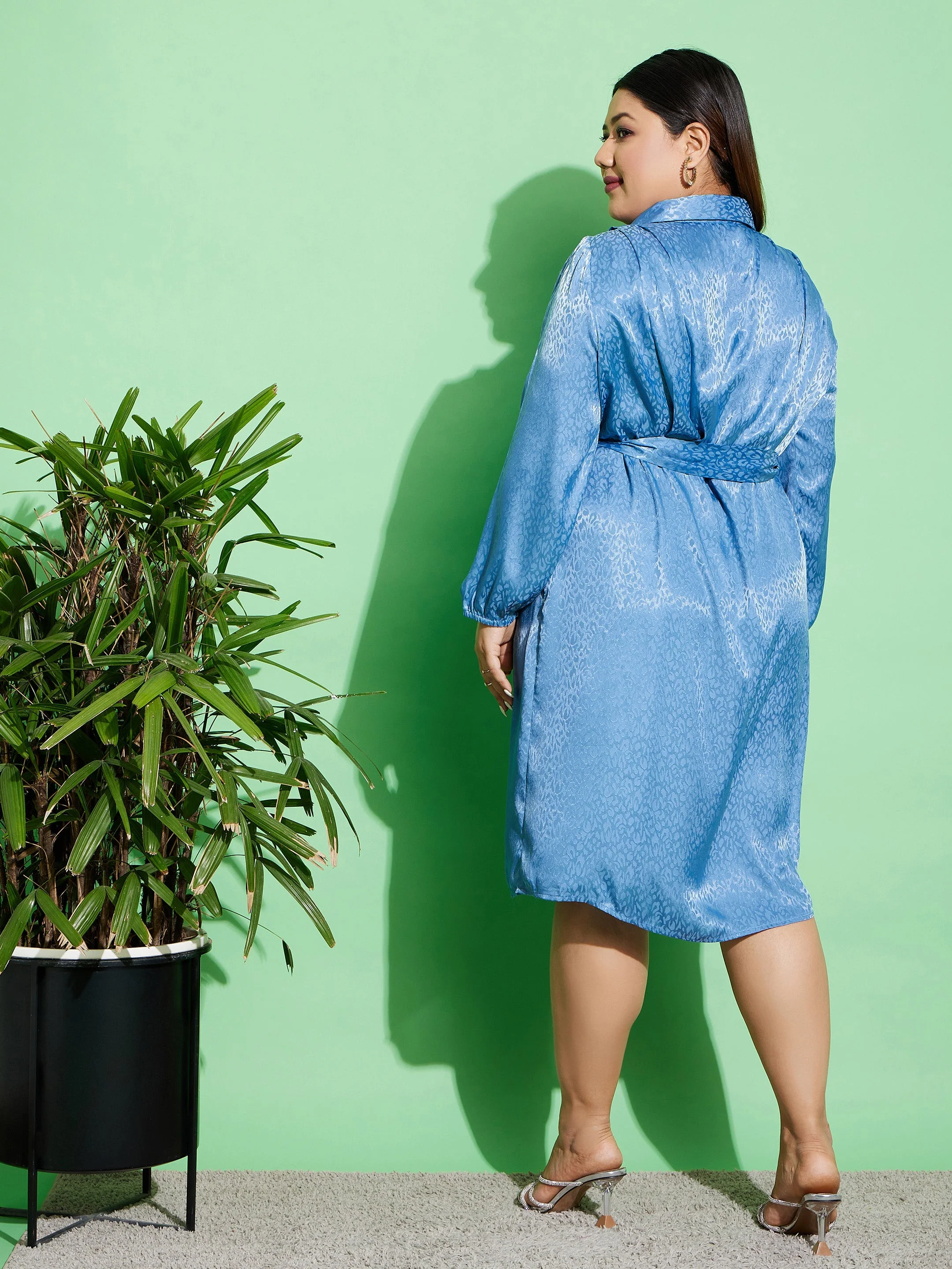 Women Plus Size Blue Satin Jacquard Belted Shirt Dress - Image 5