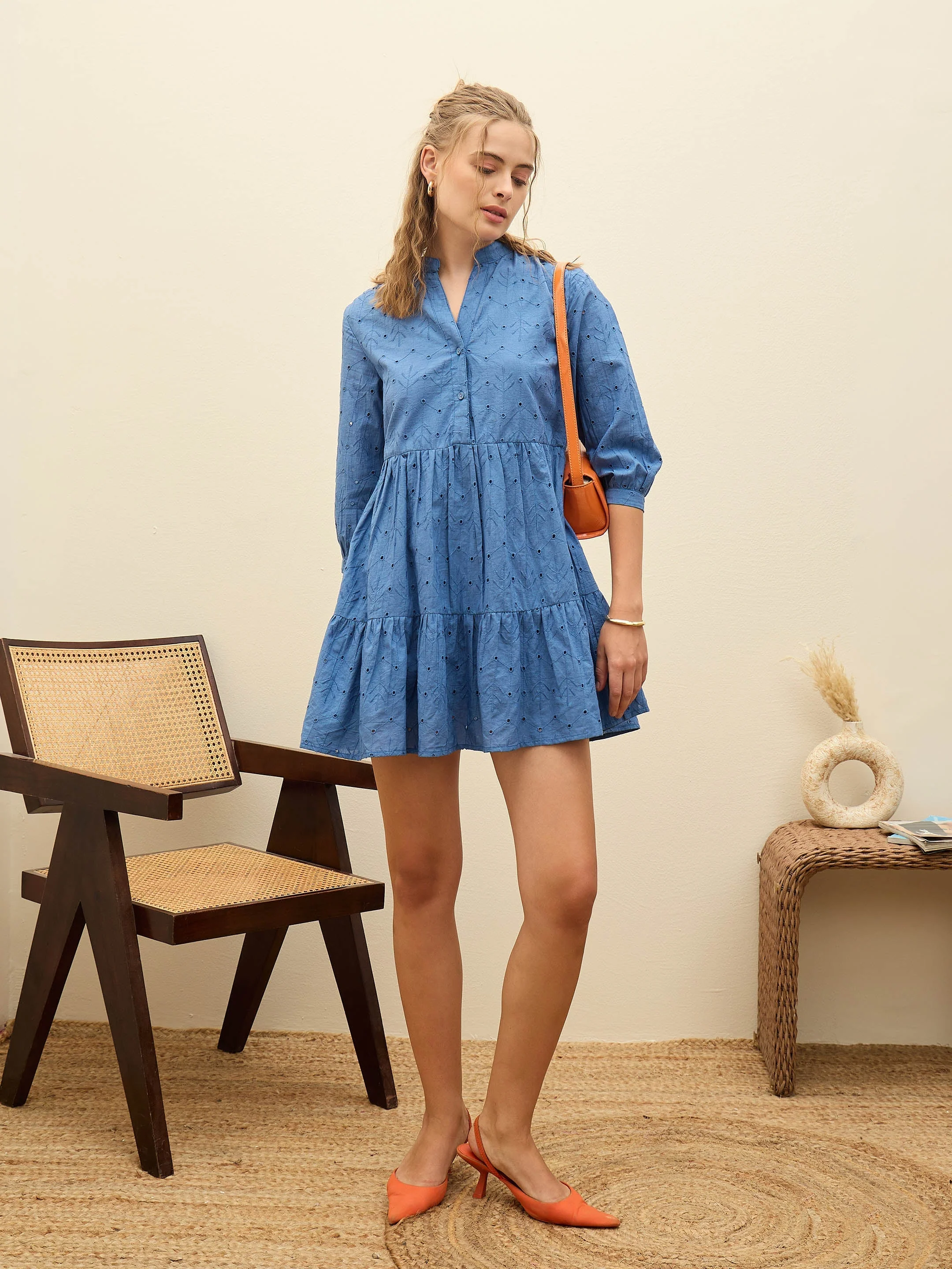 Women Blue Schiffli Mandarin Collar Short Dress - Image 2