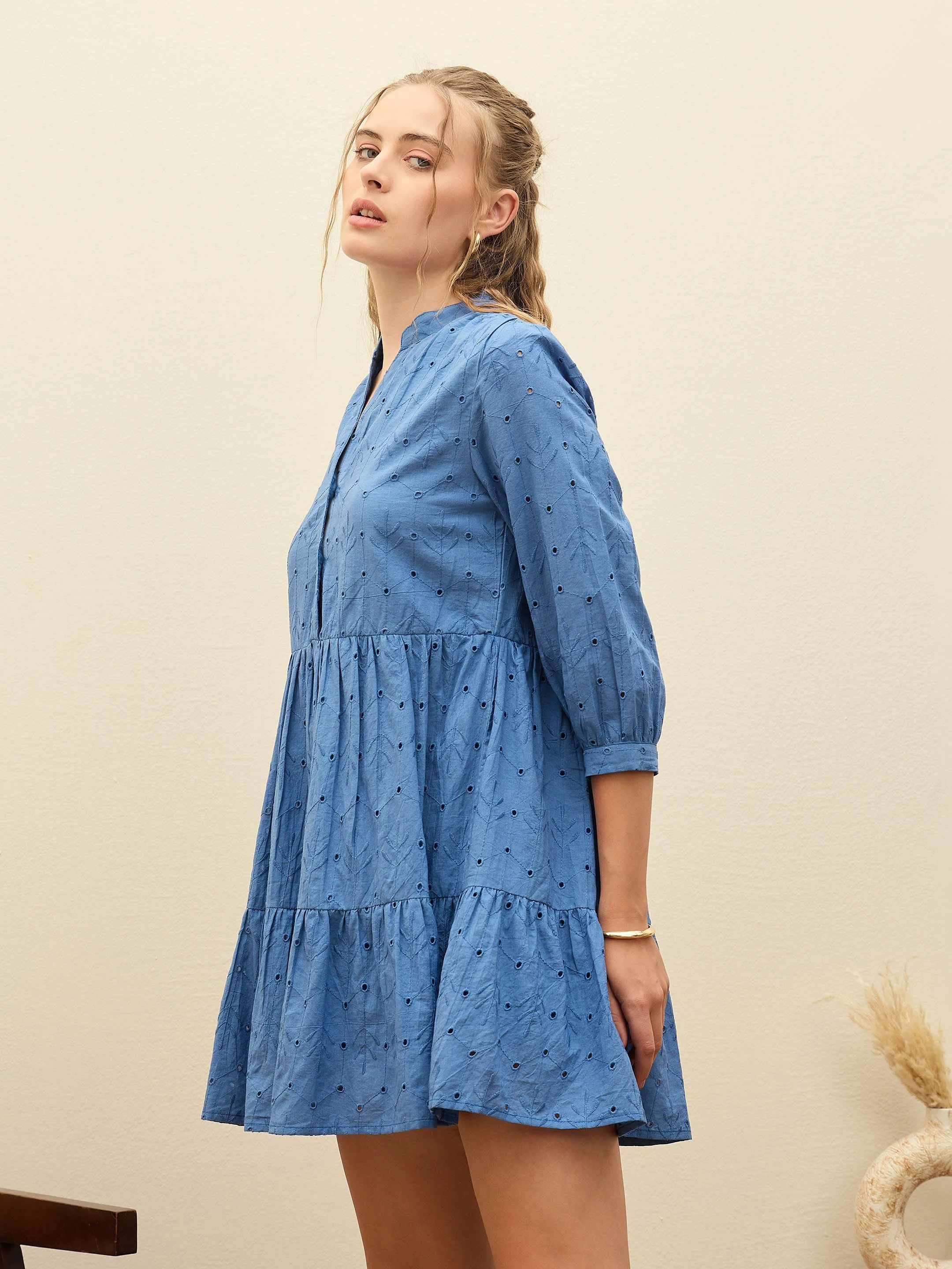 Women Blue Schiffli Mandarin Collar Short Dress - Image 3