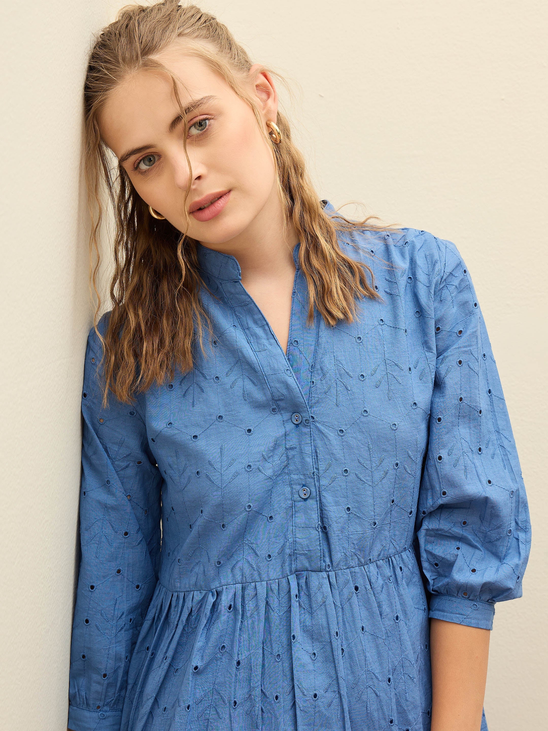 Women Blue Schiffli Mandarin Collar Short Dress - Image 4