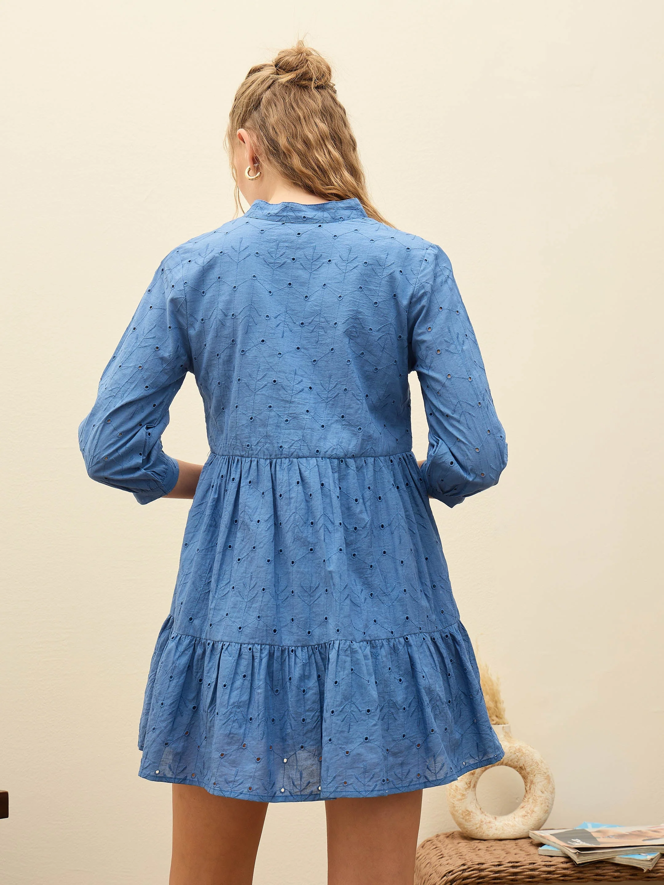 Women Blue Schiffli Mandarin Collar Short Dress - Image 5