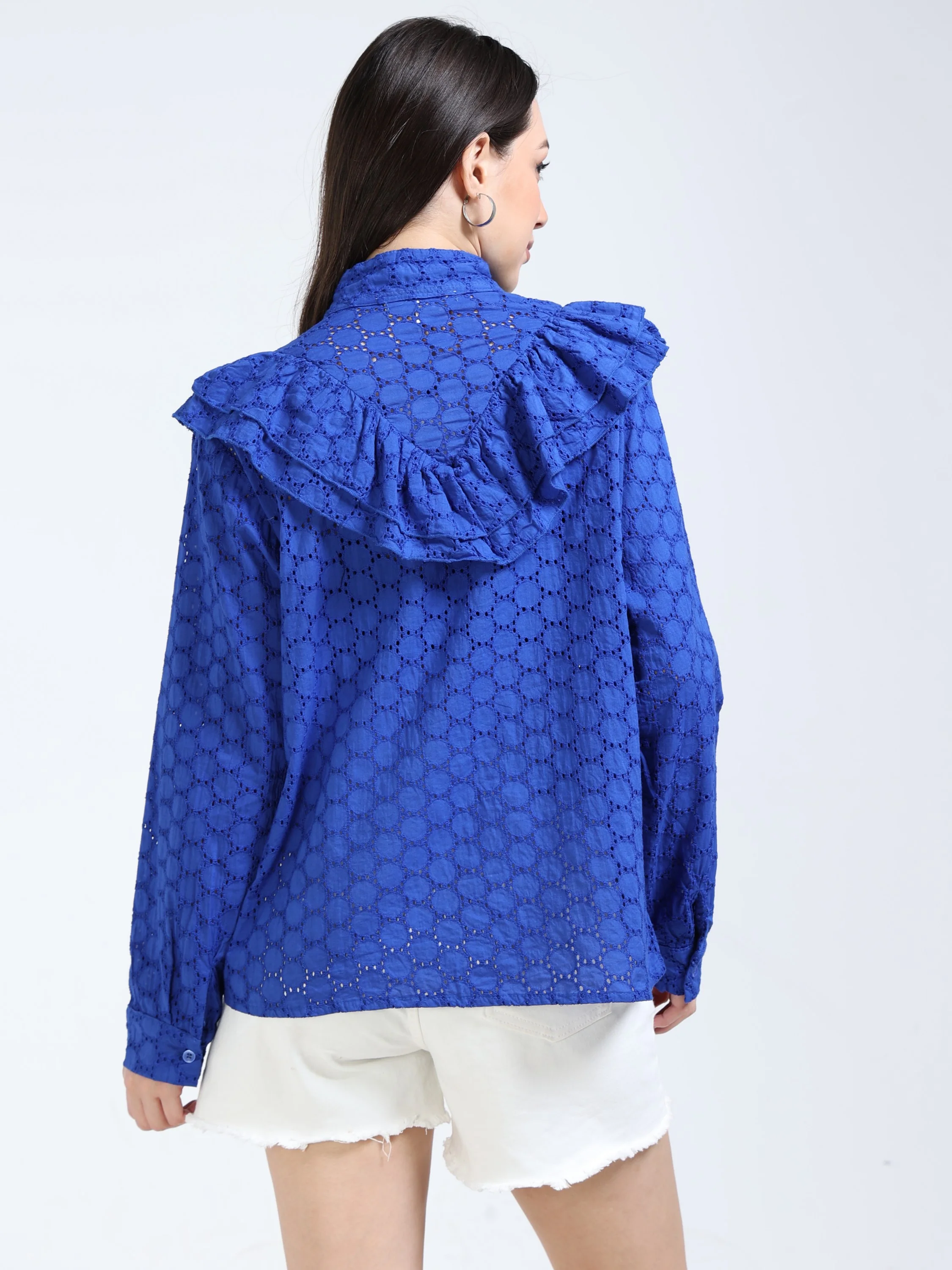 Women Blue Frilled Schiffli Shirt - Image 3