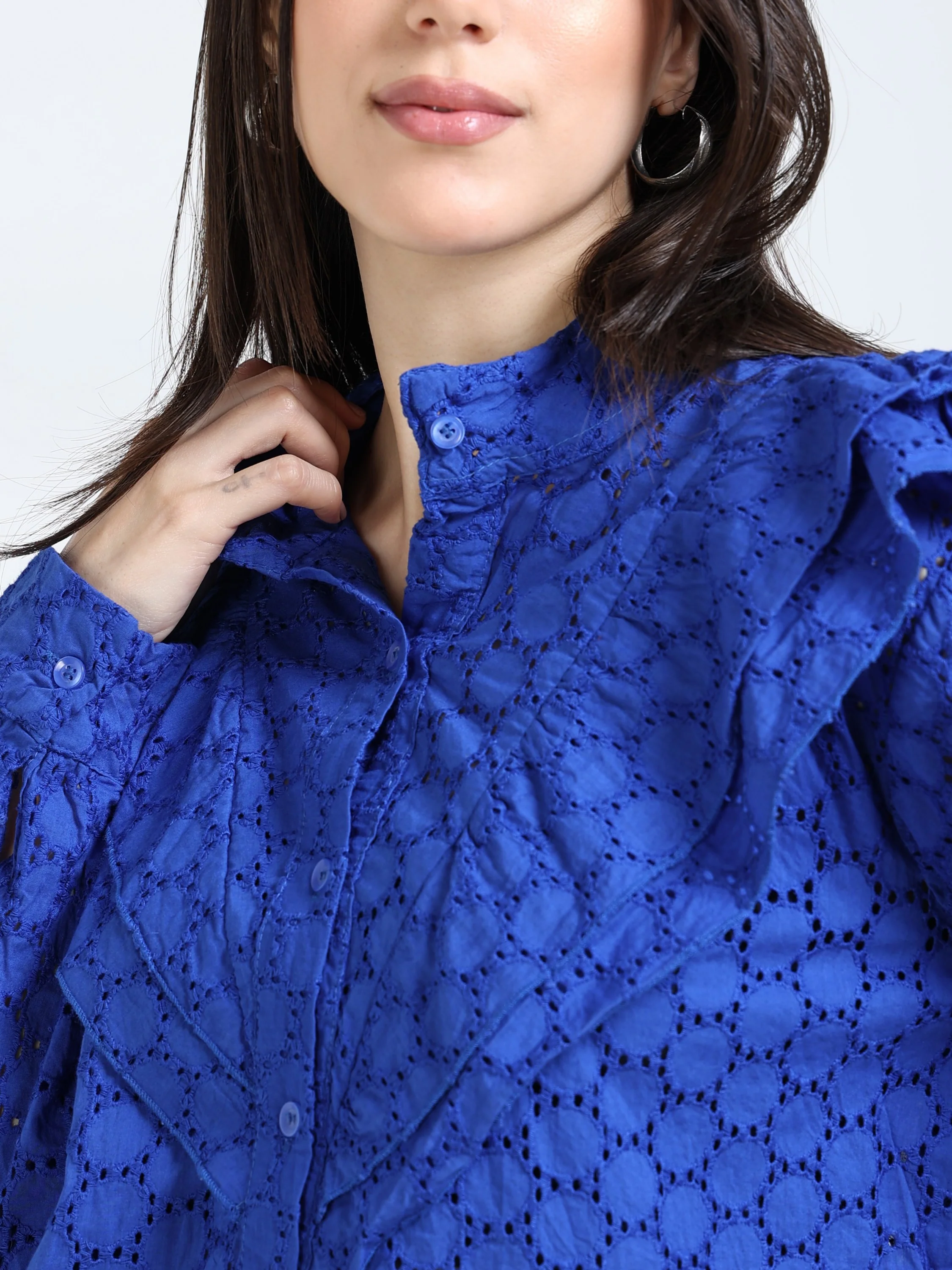 Women Blue Frilled Schiffli Shirt - Image 4