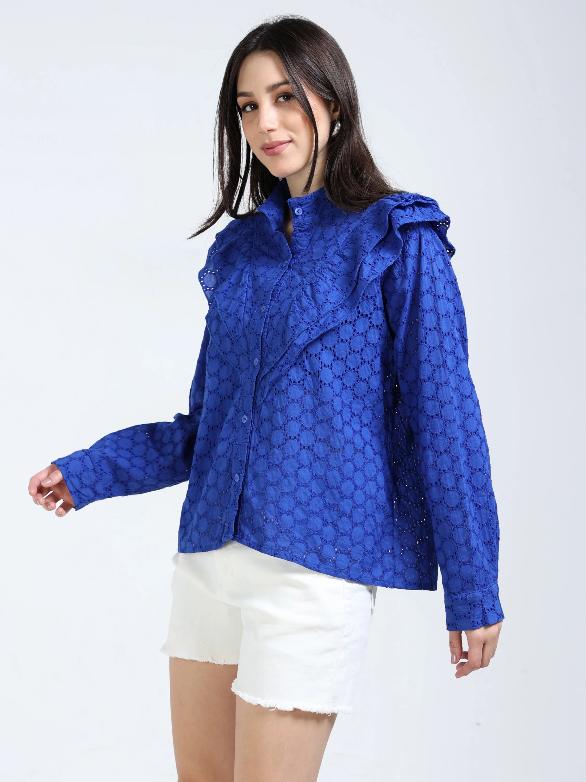 Women Blue Frilled Schiffli Shirt - Image 6