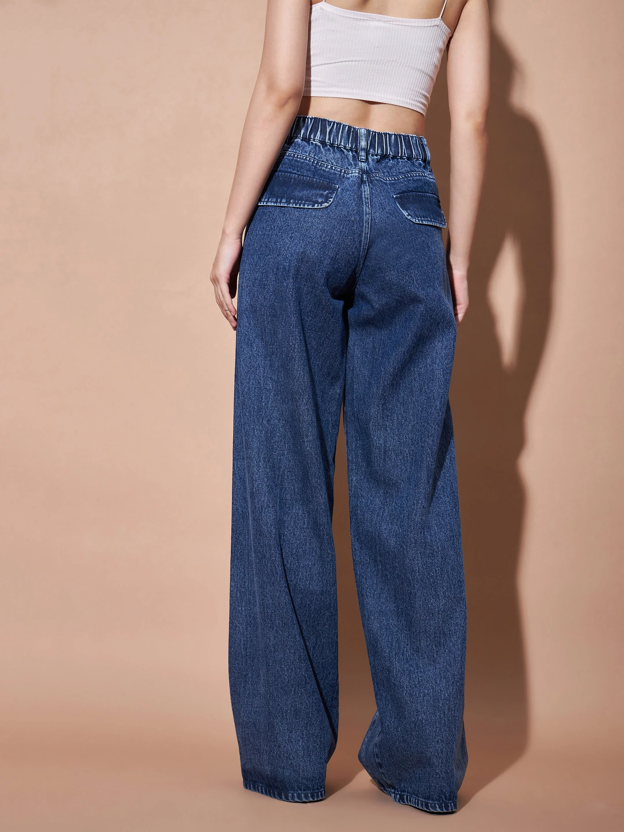 Women Blue Seam Detail Wide Leg Jeans - Image 2