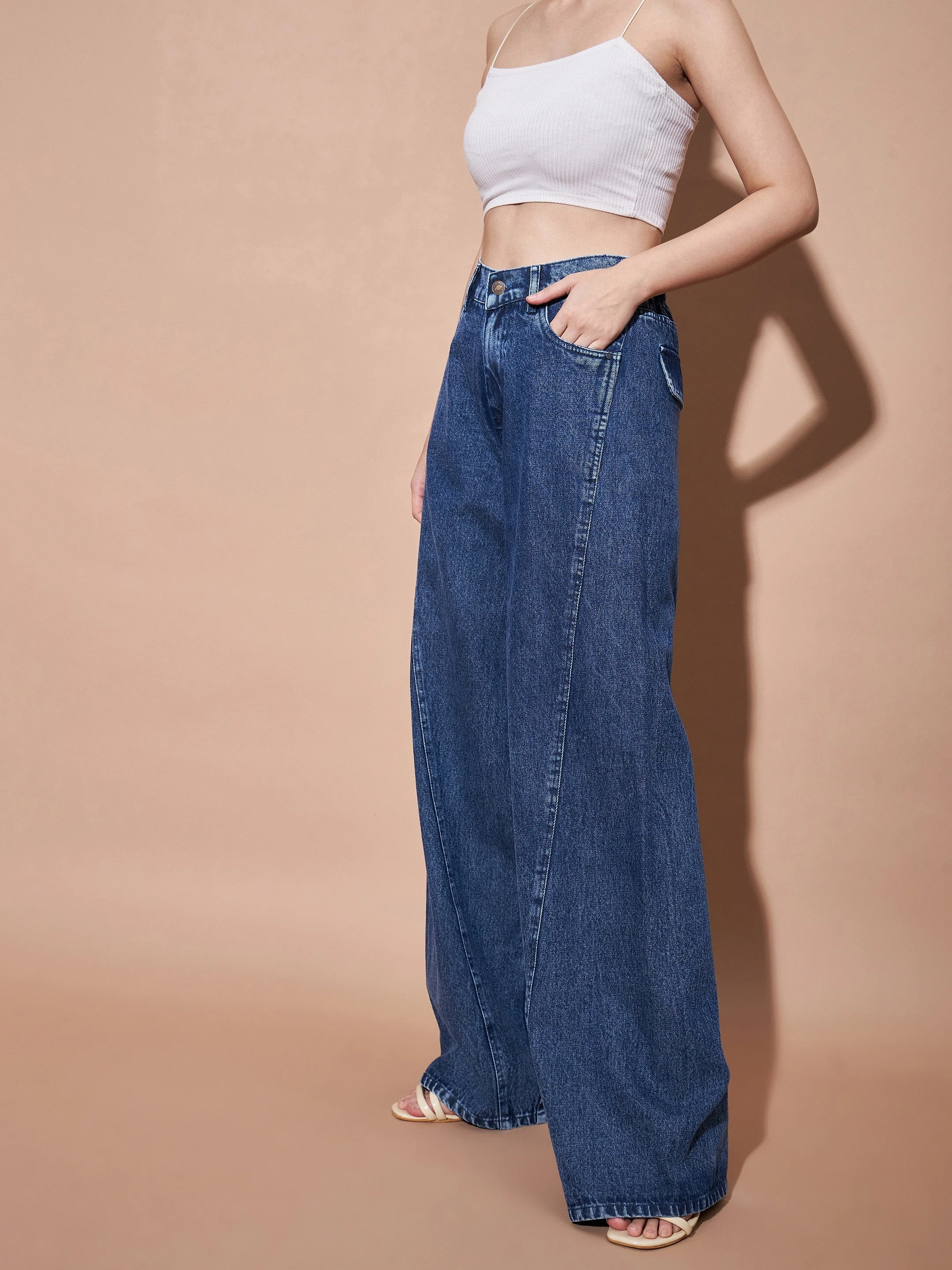 Women Blue Seam Detail Wide Leg Jeans - Image 4